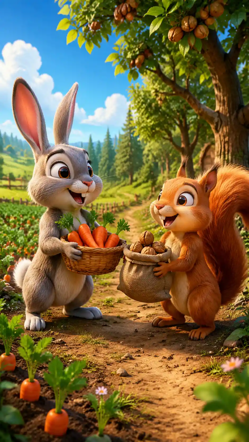 Rabbit and squirrel trading carrots and walnuts outdoors