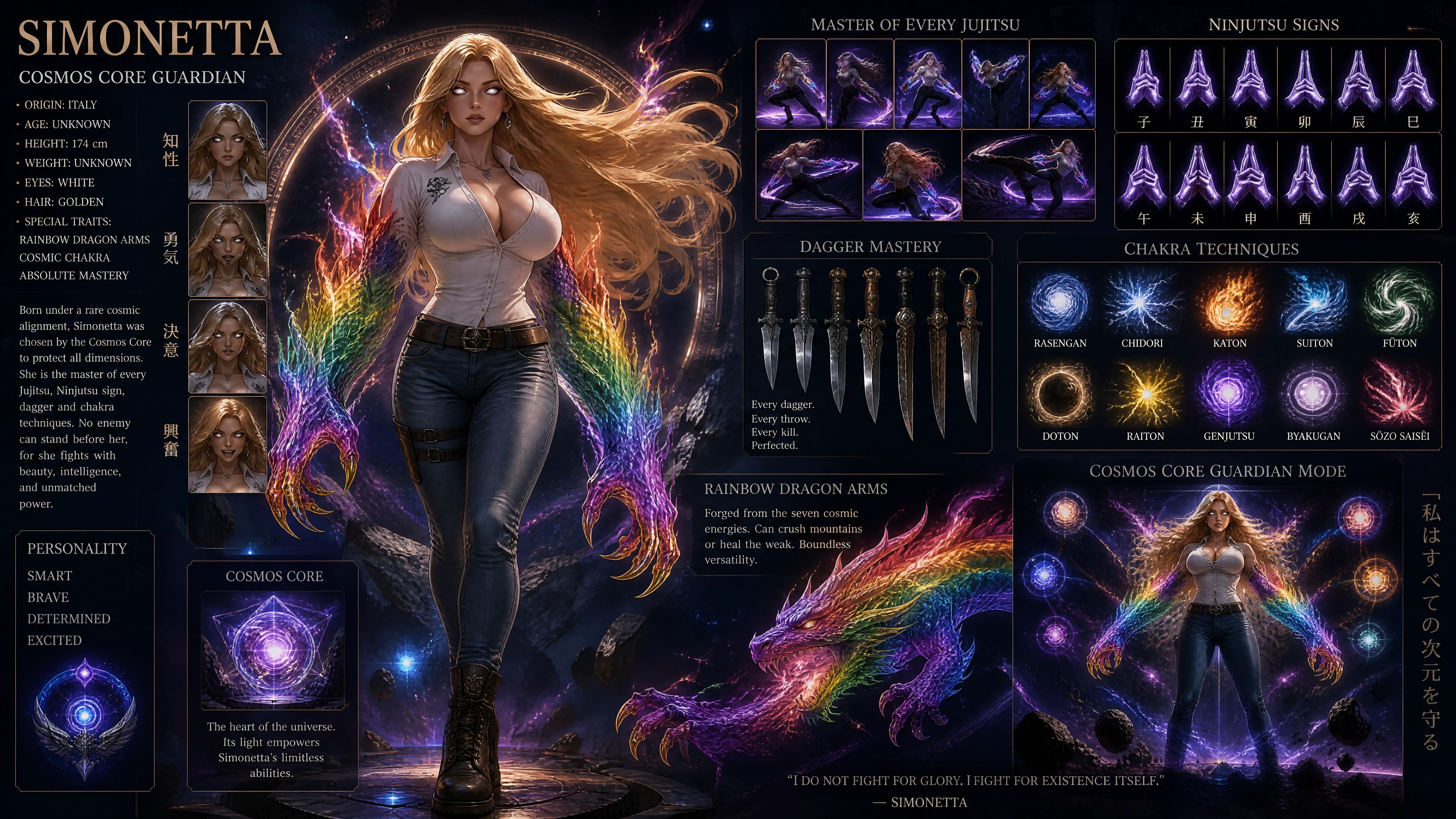 Guardiana cosmica con braccia di drago arcobaleno nello spazio