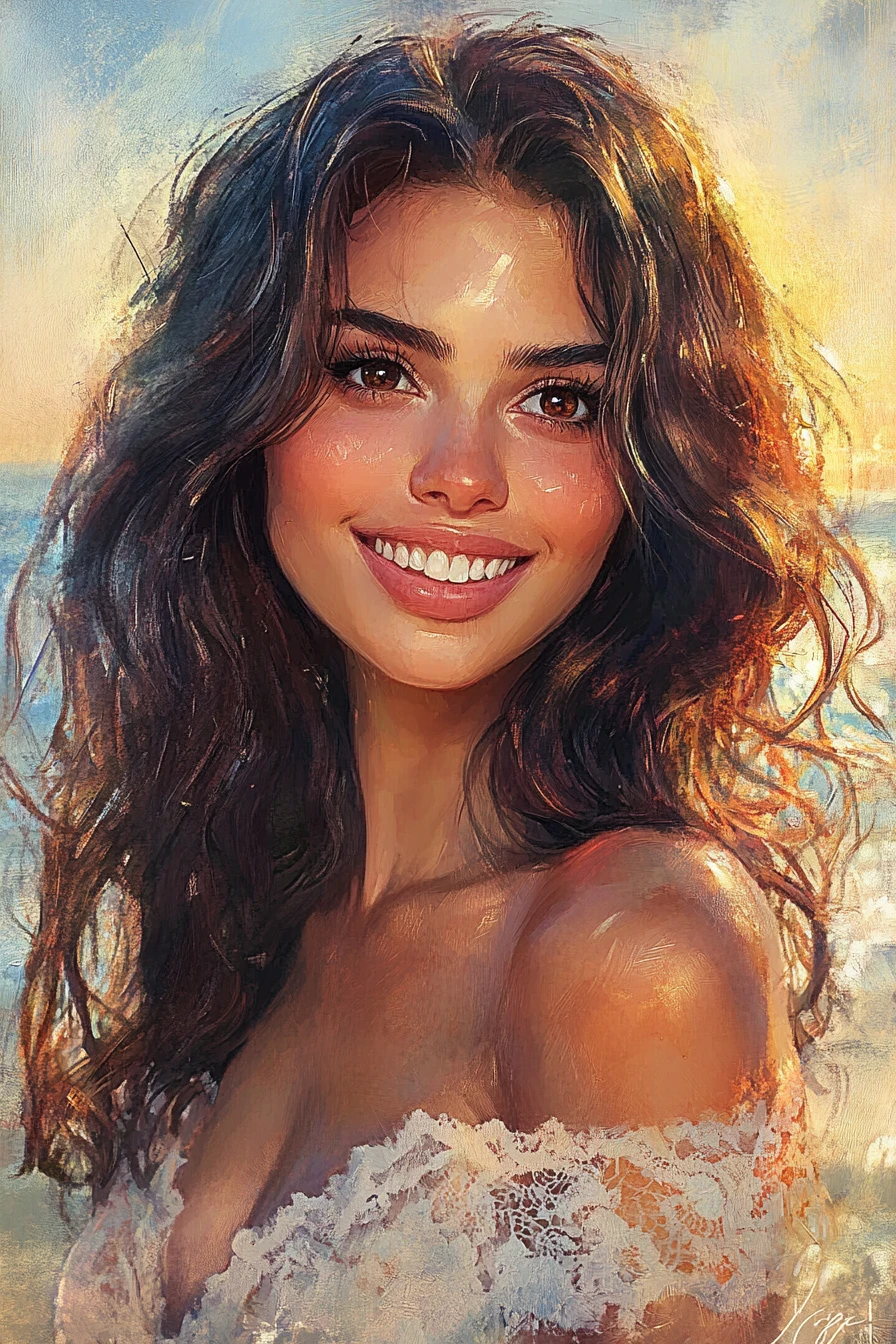 Retrato em aquarela de uma mulher sorridente na praia
