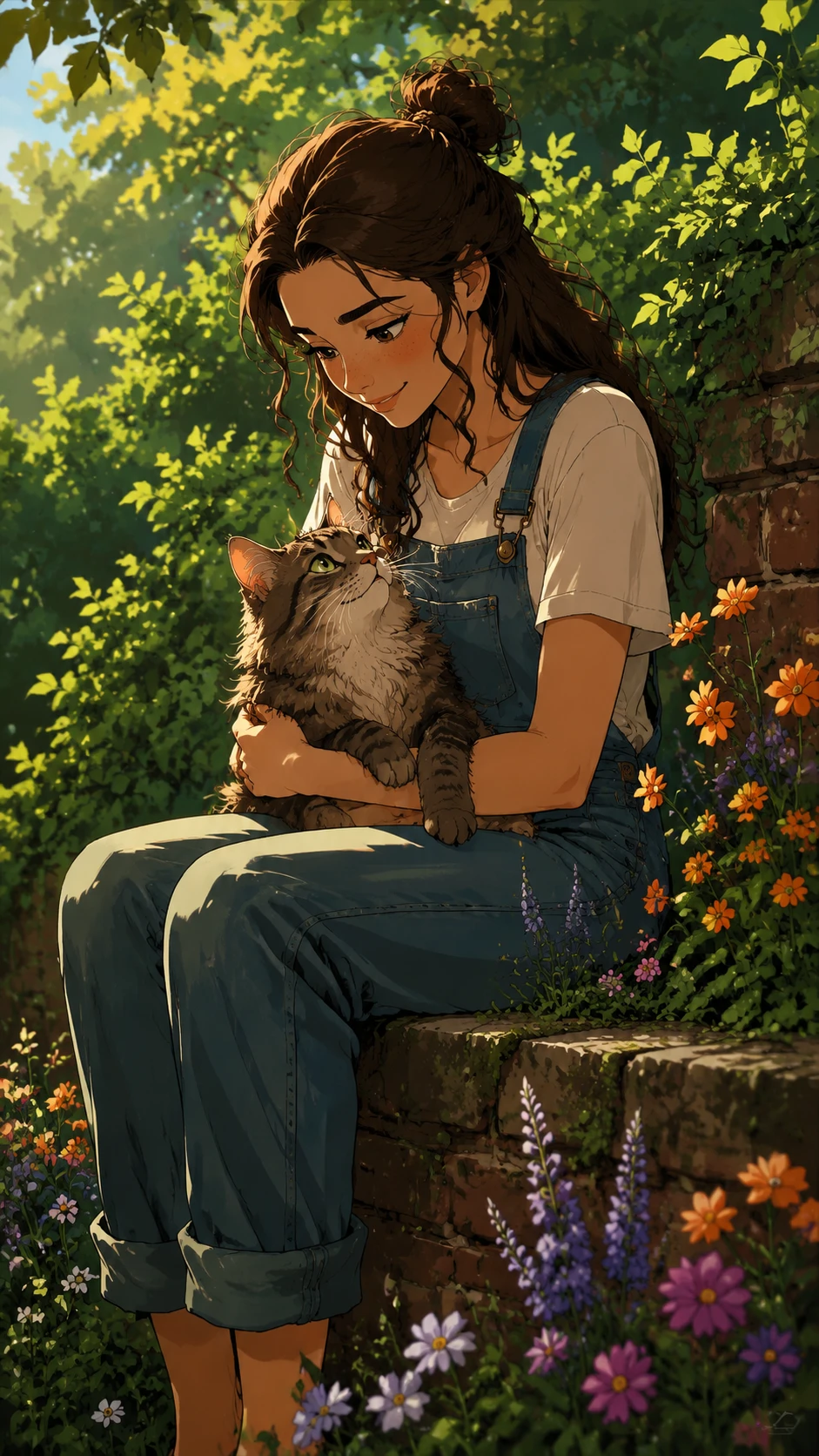 Niña acariciando a un gato atigrado en un jardín frondoso