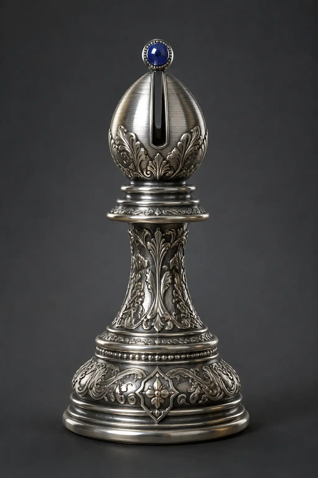 Ornate Silver Chess Bishop With Blue Gemstone Detail