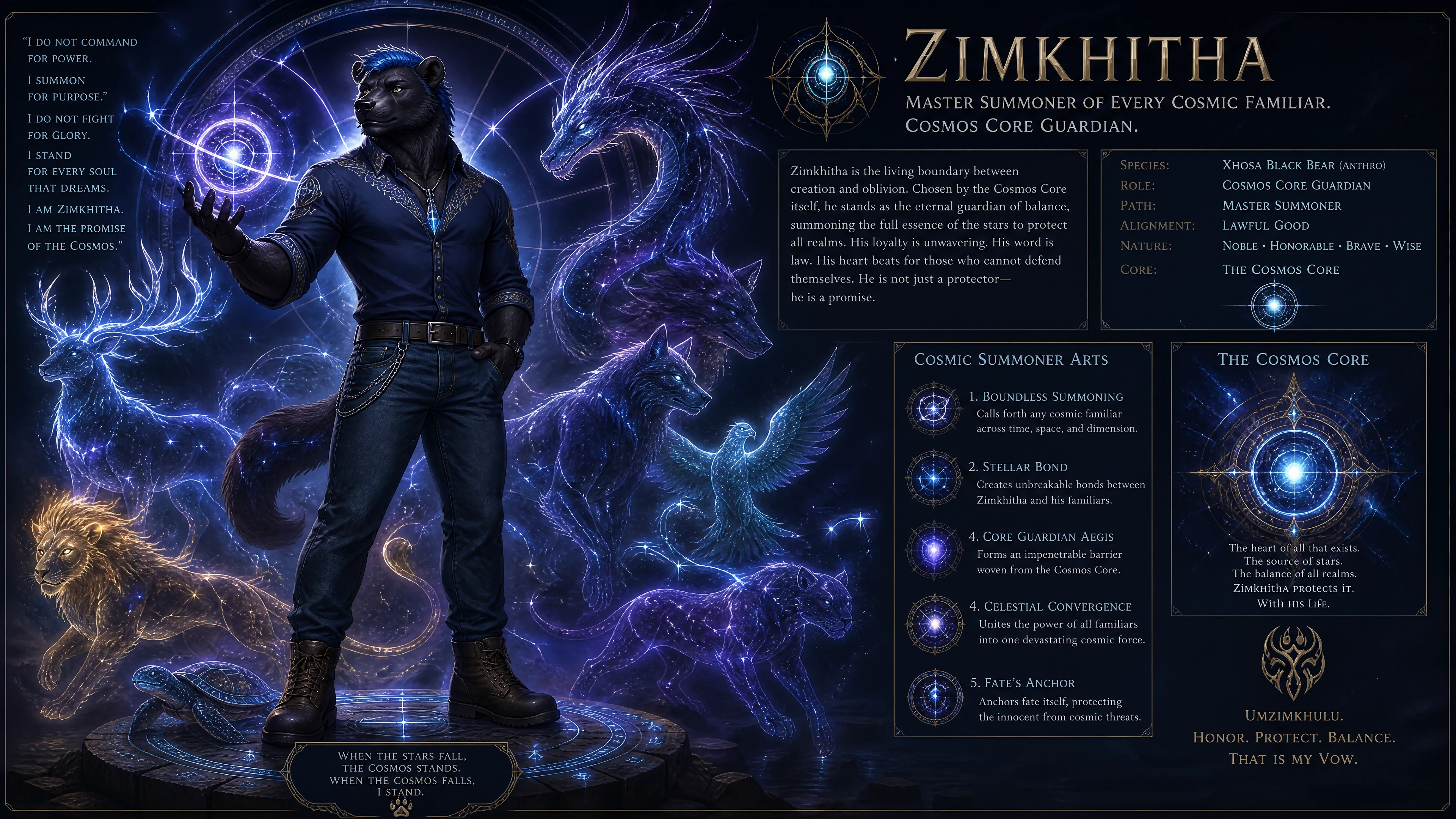 Anthro Xhosa black bear summoner in cosmic guardian attire