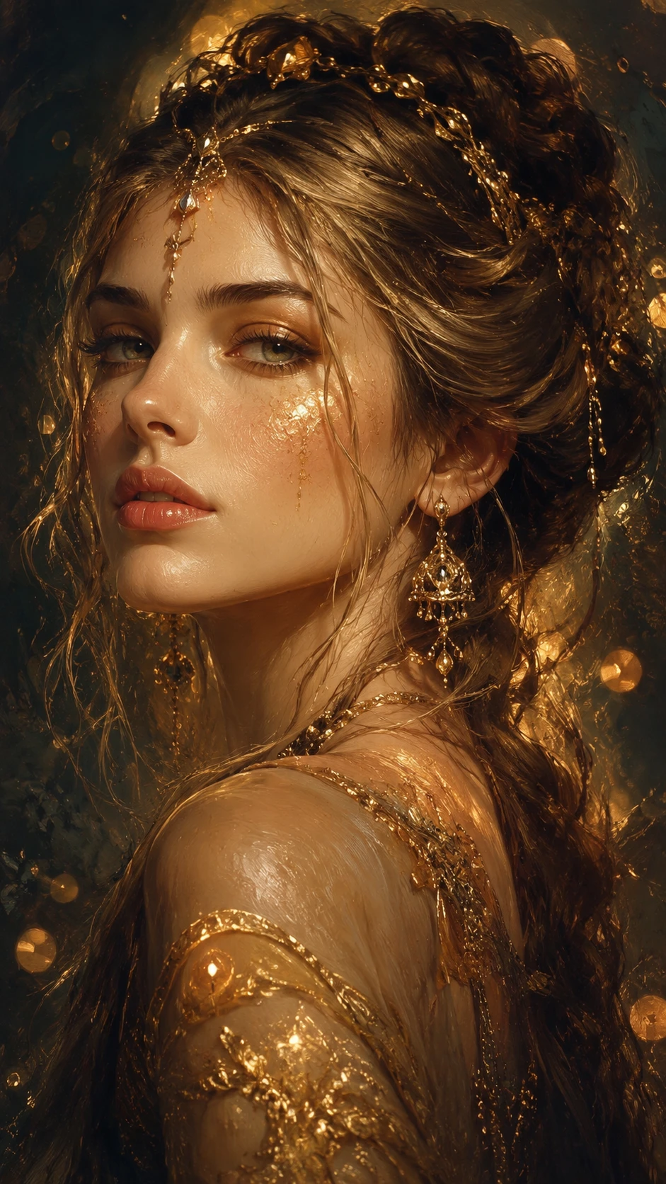 Ritratto fantasy a olio di una donna con dettagli dorati