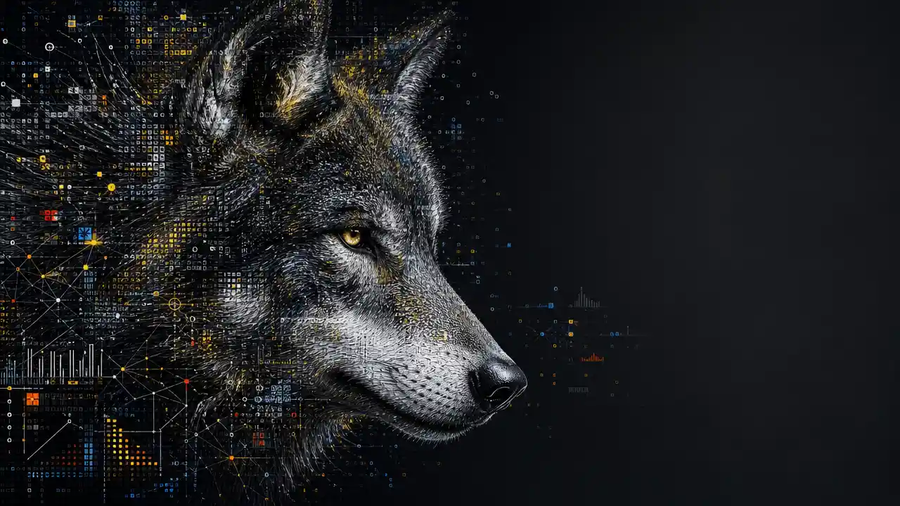 Data infused wolf portrait on dark abstract background