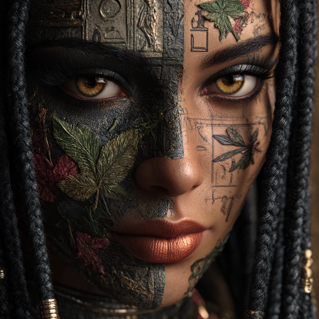 Retrato surrealista de una mujer del Antiguo Egipto bordada