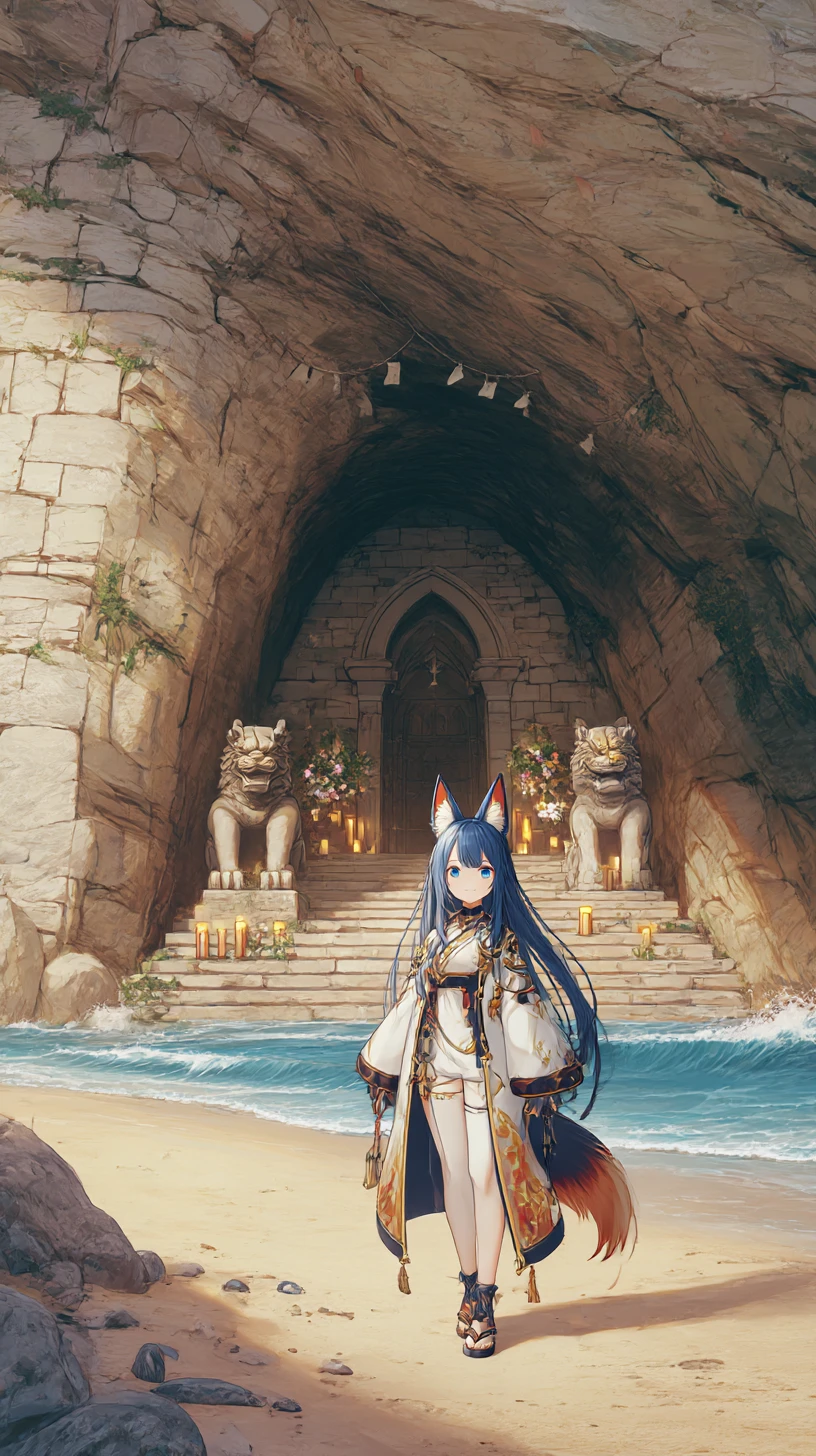 Chica de anime alegre caminando por la playa al atardecer
