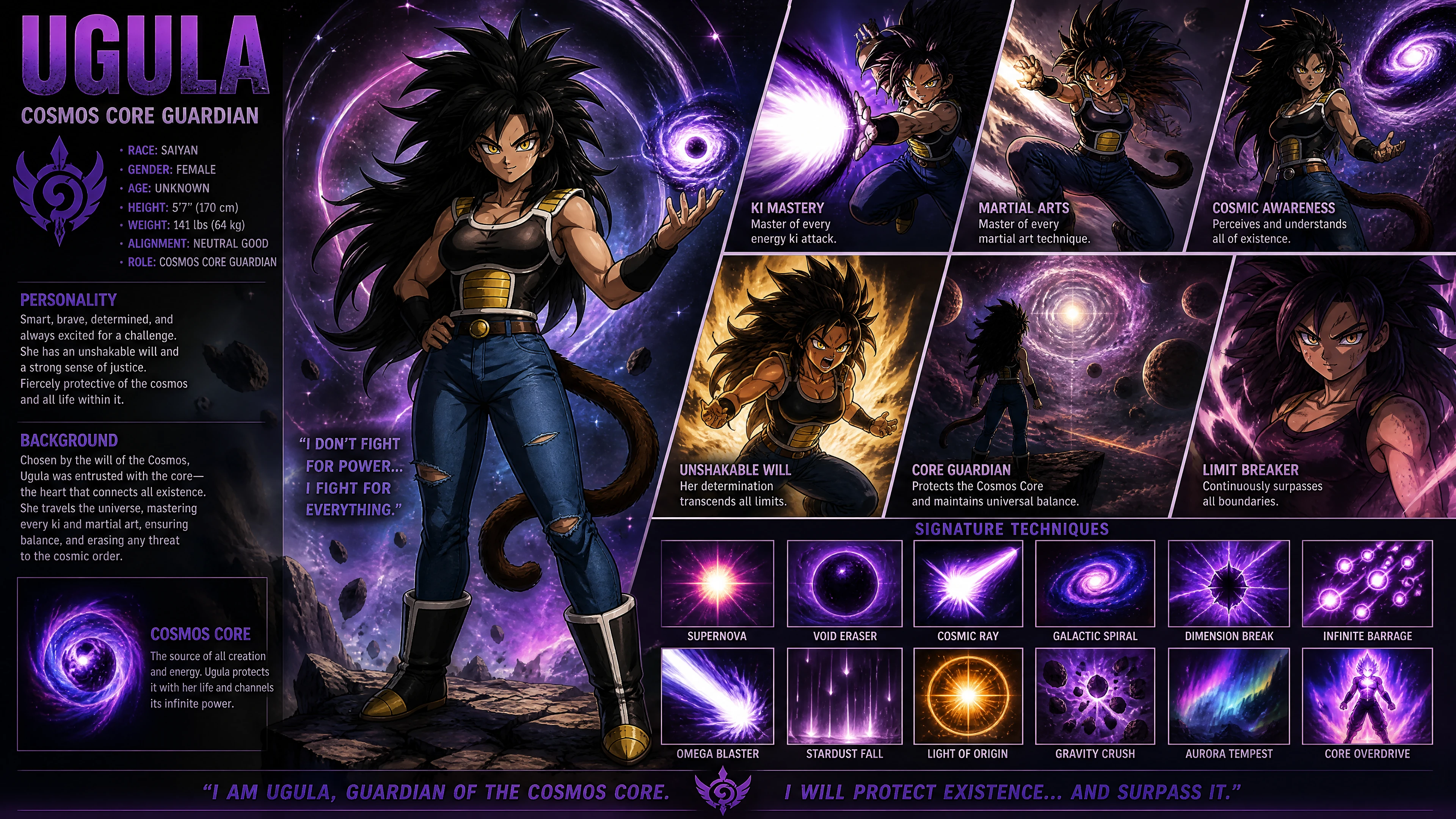Guerriera Saiyan con coda di scimmia nello spazio cosmico