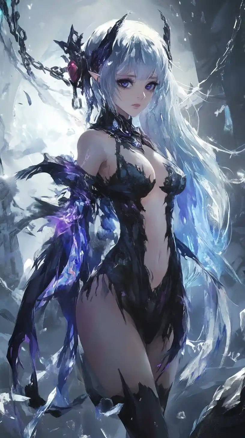 Chica de anime con vestido de copos de nieve quemado y ojos fantasmales