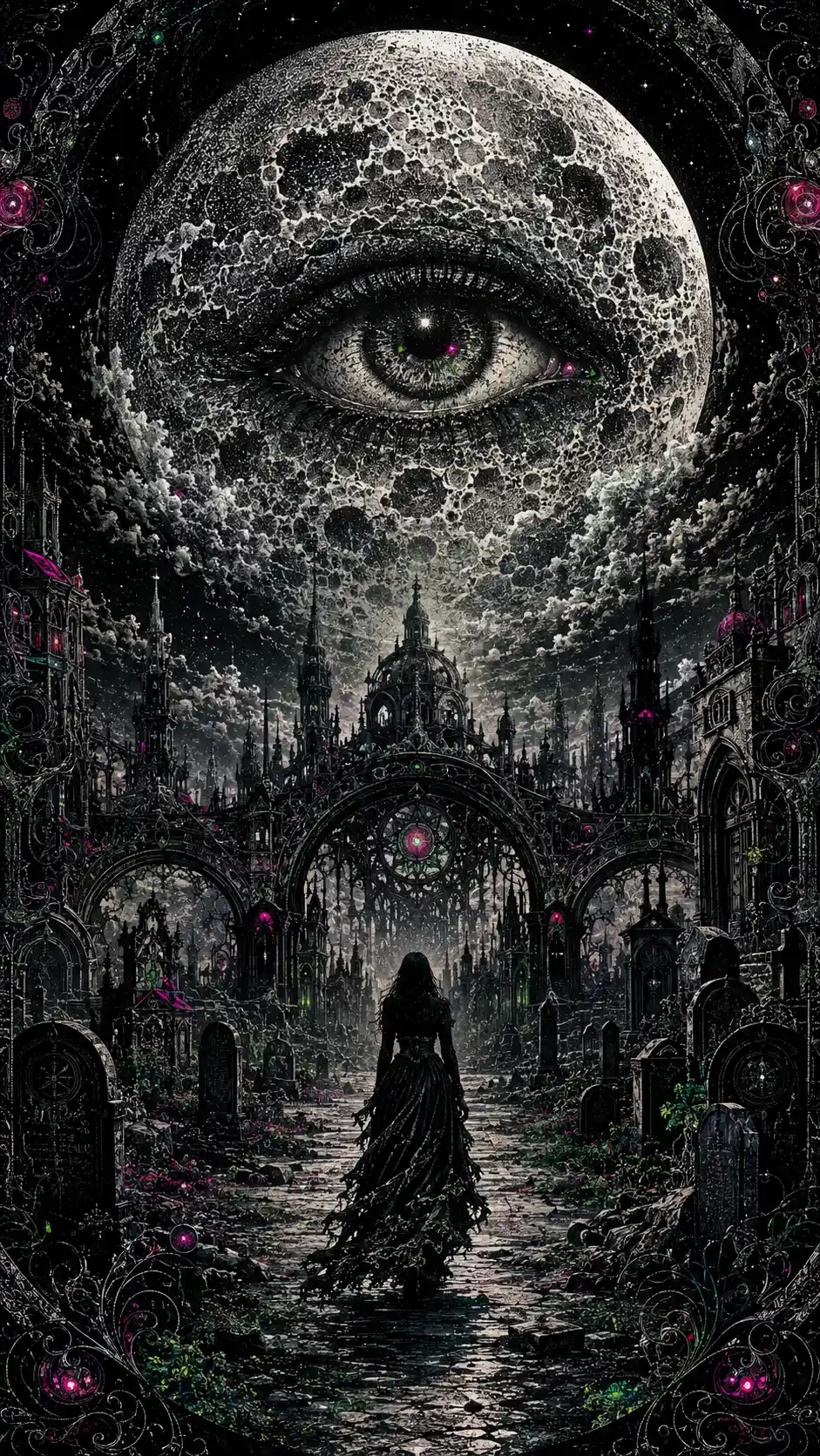 Gothic woman walking alone through a surreal moonlit cemetery