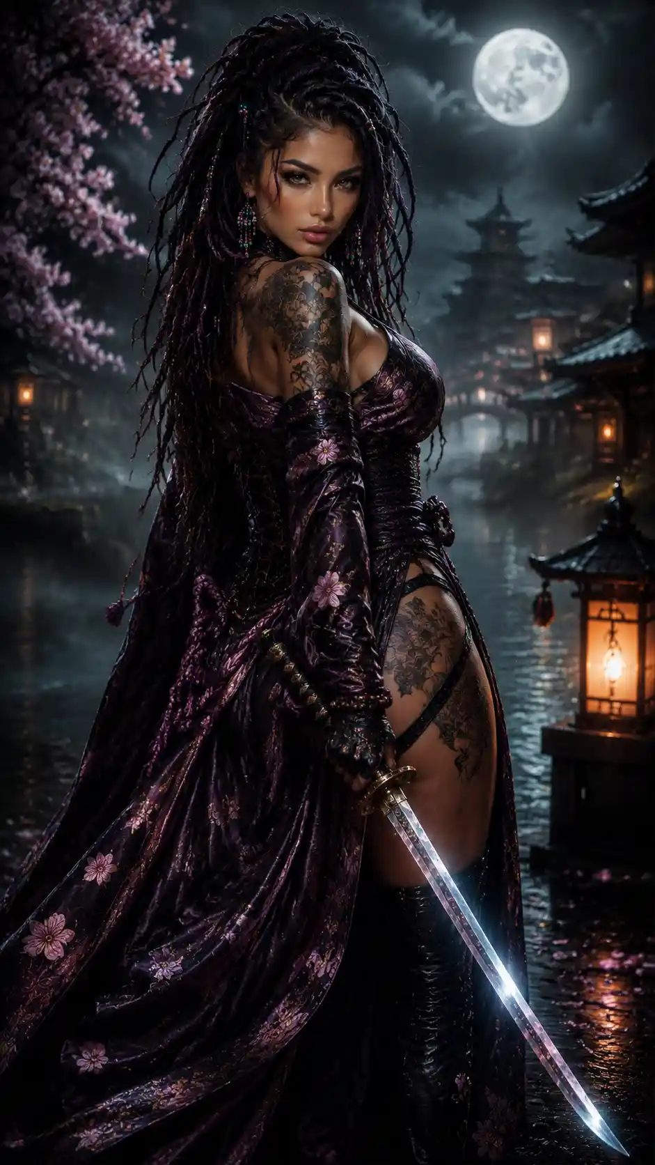 Female samurai in purple kimono under the moonlight
