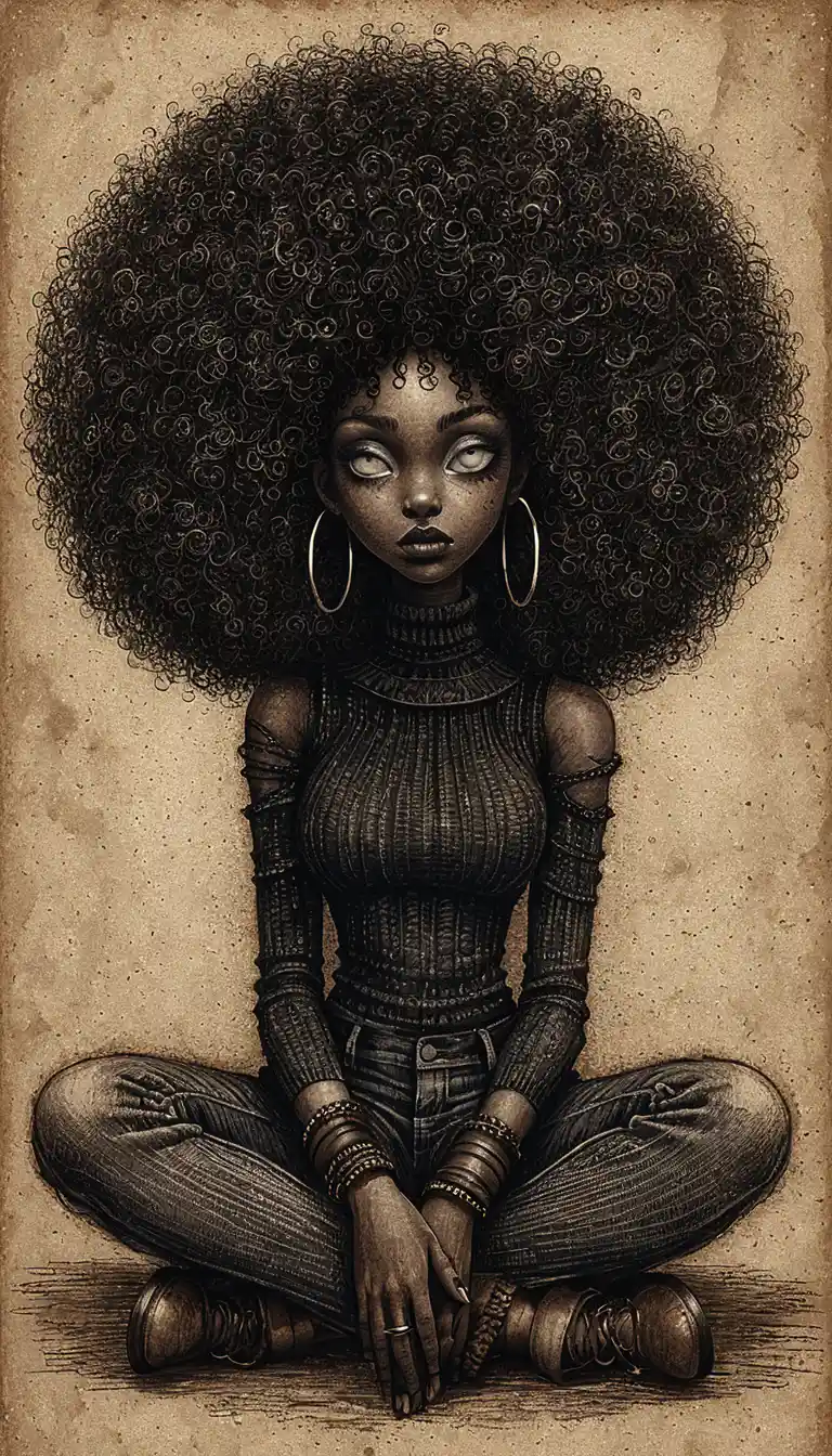 Somber black woman with wide eyes in gothic graphite drawing