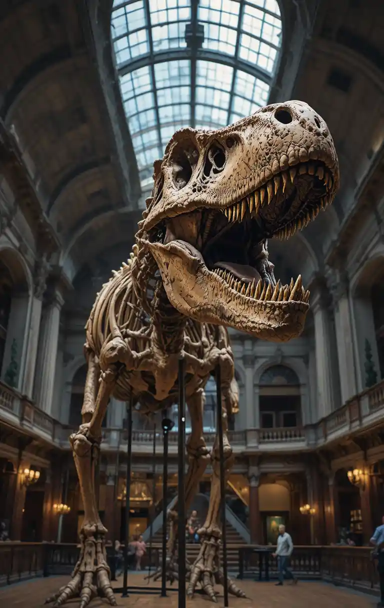 Dinosaur skeleton under spotlights in grand museum hall