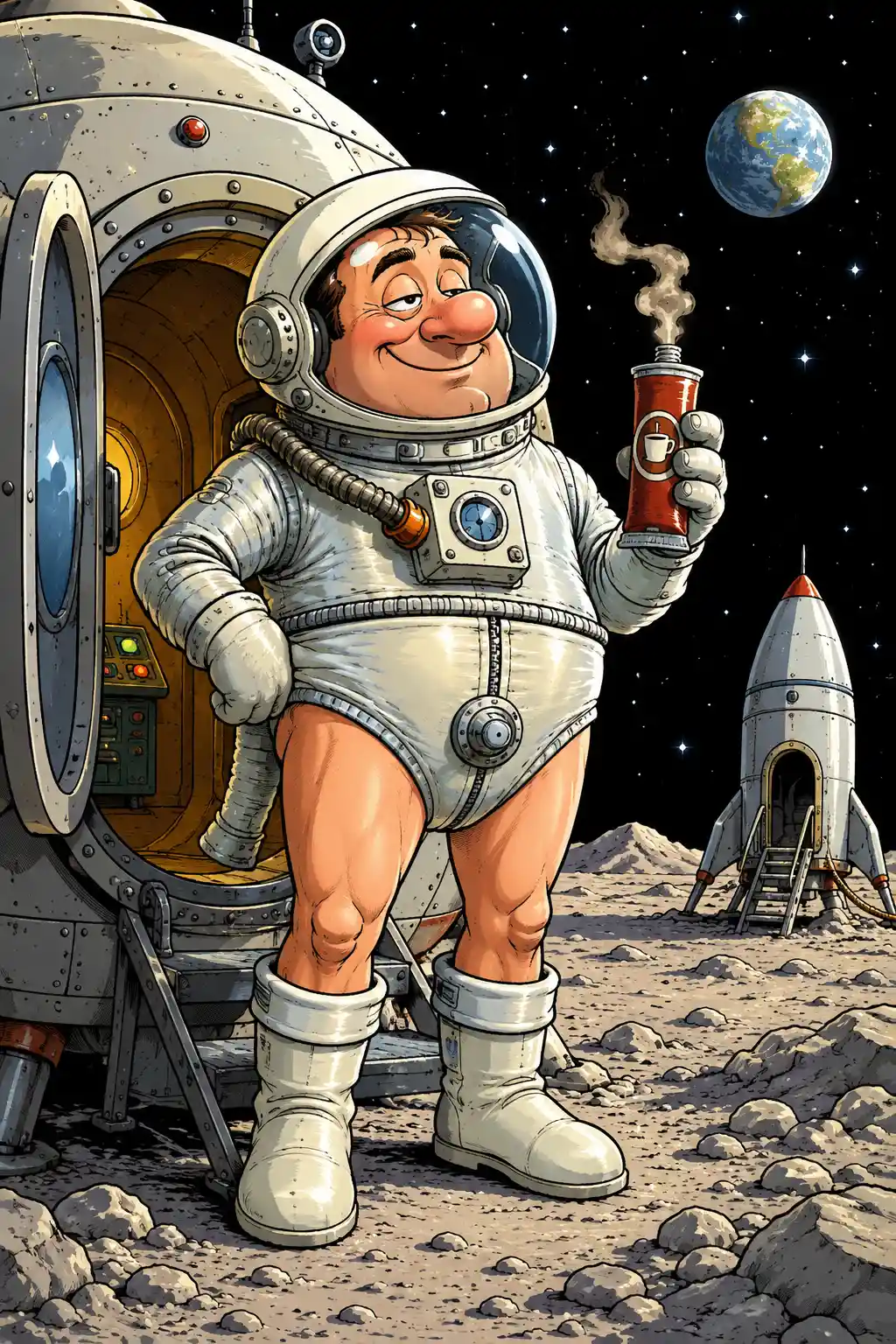 Cartoon astronaut in space with cocoa tube and fresh vacuum
