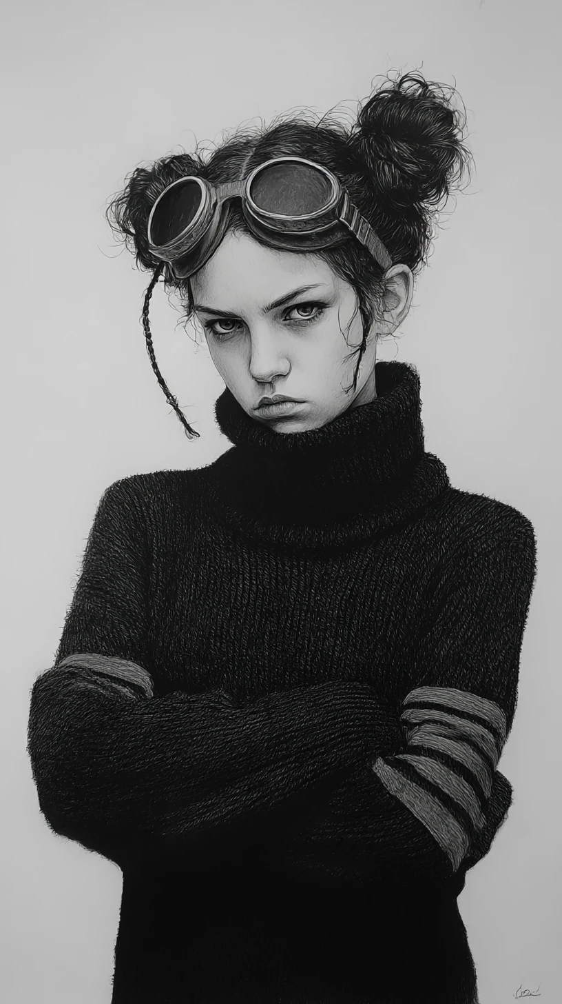 Chica melancólica con gafas en retrato a lápiz en blanco y negro