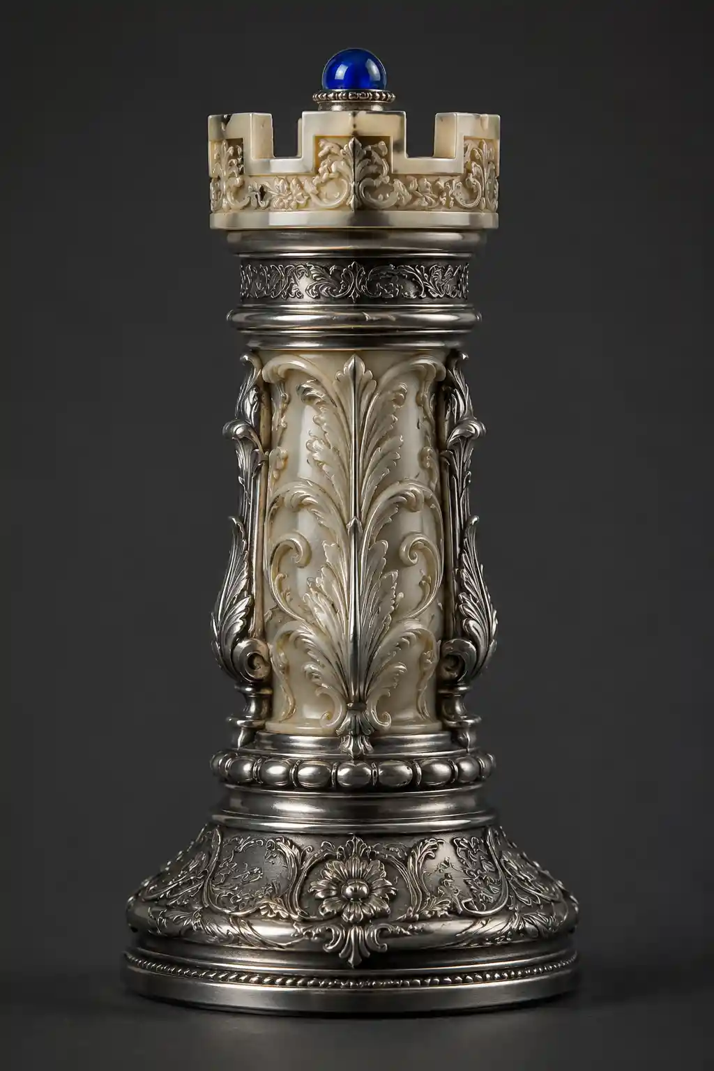 Ornate silver chess rook with blue gemstone detail