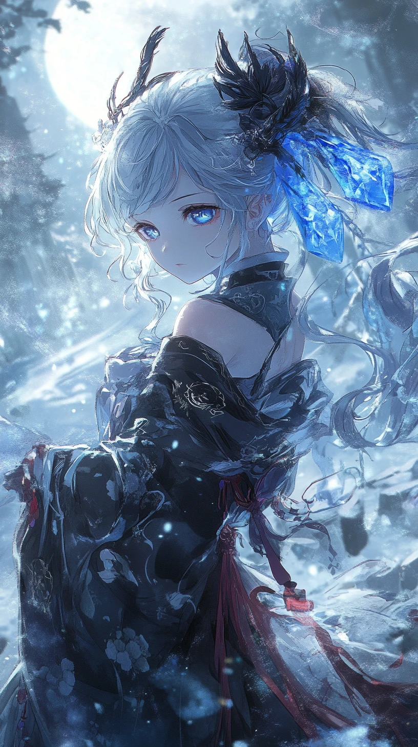 Chica de anime con vestido de copo de nieve quemado y ojos fantasmales helados