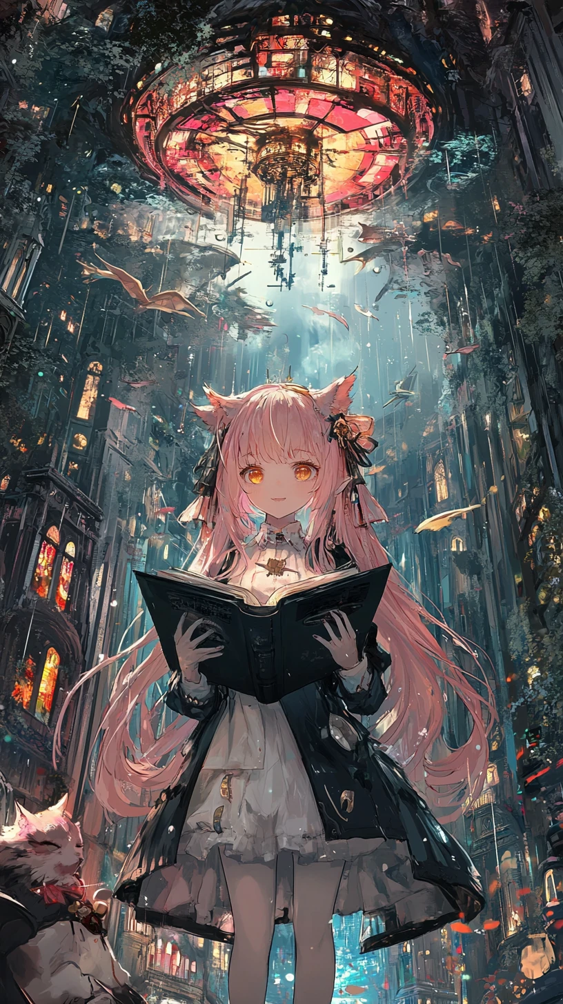 Chica de anime leyendo un libro entre mundos de vida y ruina