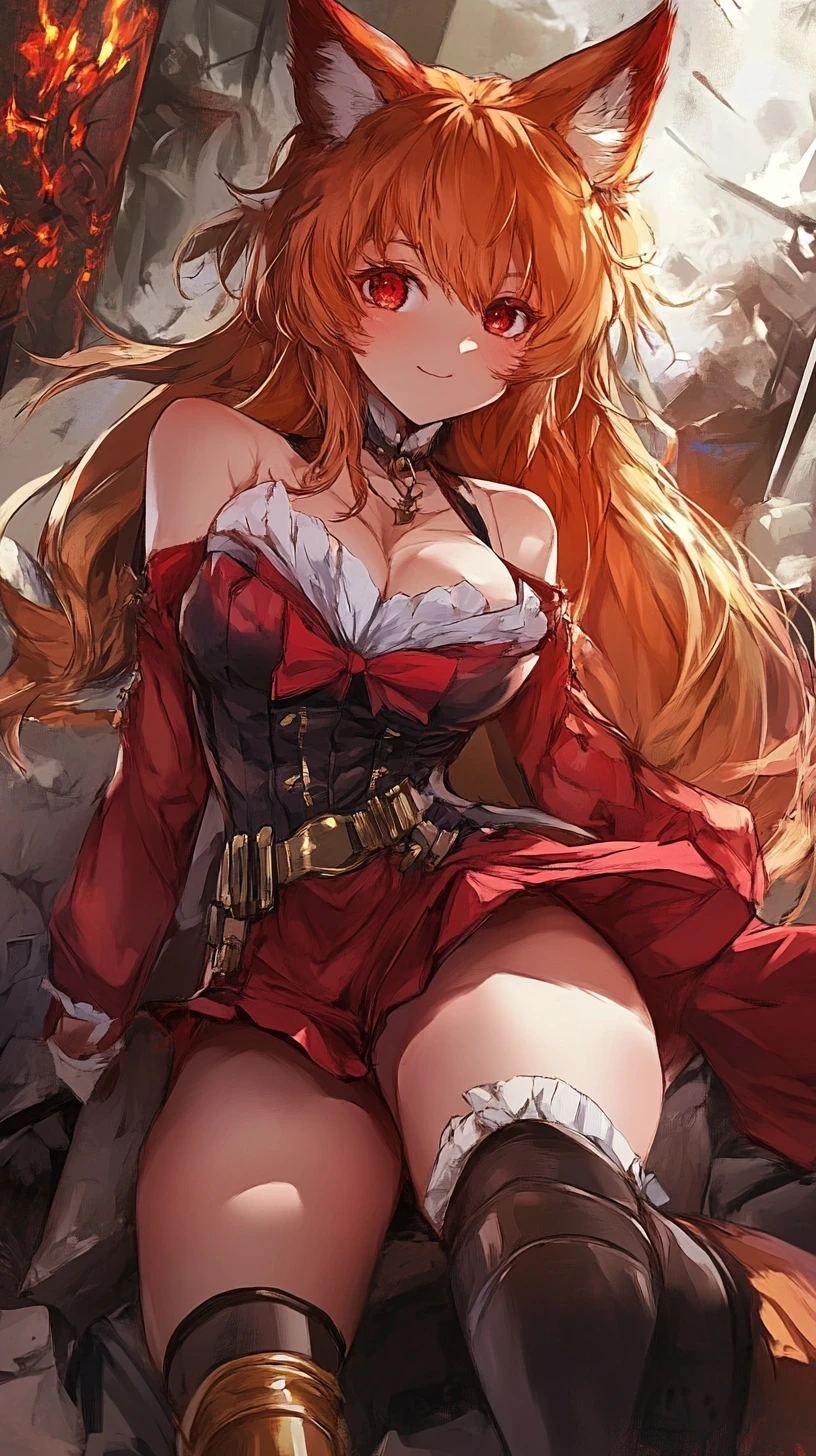 Chica de anime con orejas de zorro jugando en un sofá lleno de snacks
