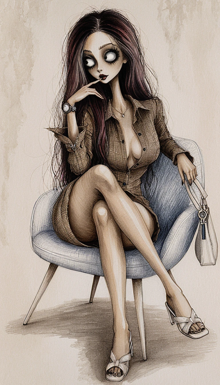Ilustración en tinta de estilo melancólico de una mujer en un sillón moderno