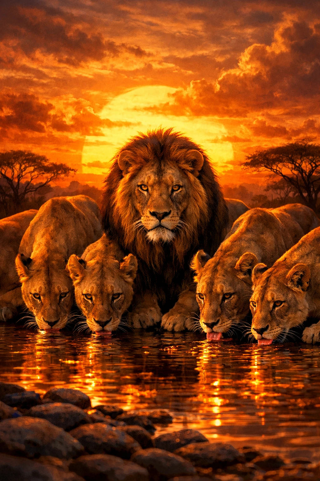 Leones bebiendo en un pozo de agua brillante de la sabana al atardecer