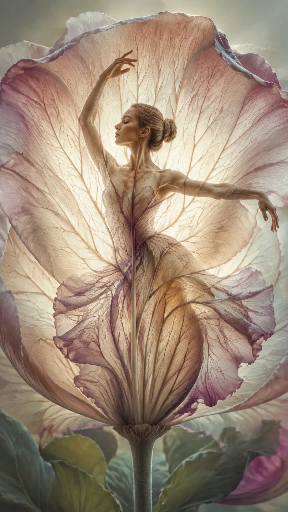 Elegante danzatrice che emerge dal cuore di un fiore gigante