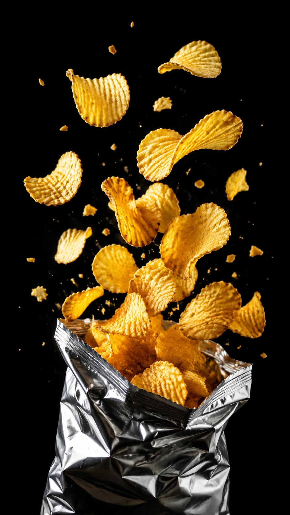 Batatas fritas douradas caindo de embalagem de folha de prata