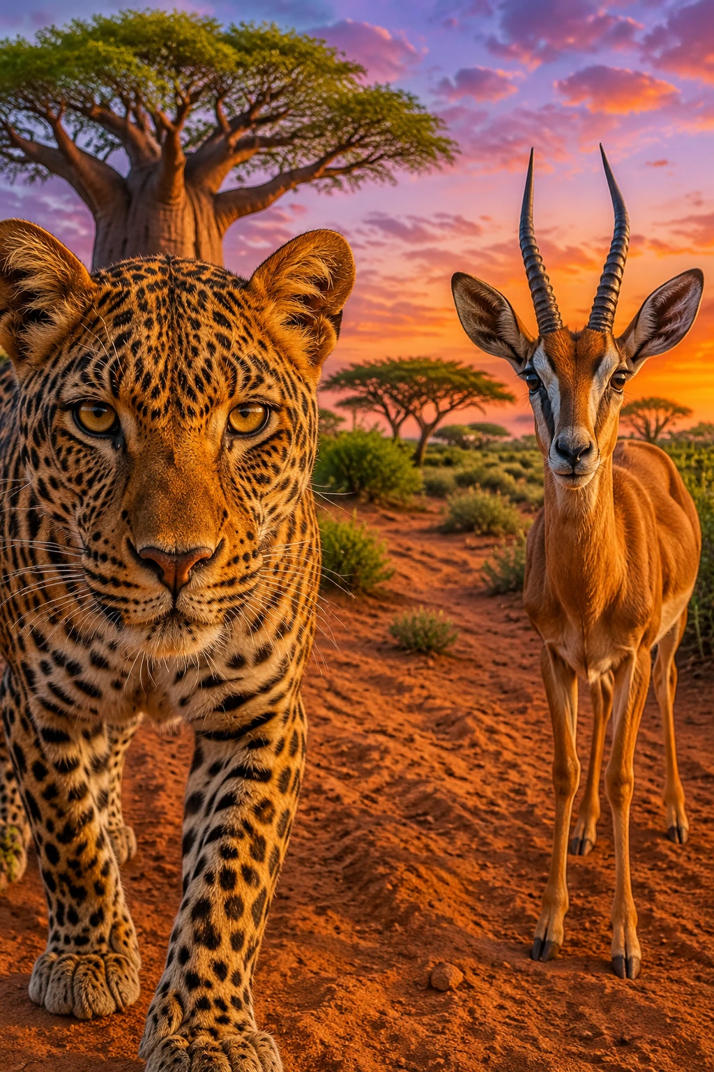 Close Up Leopard On Desert Sand In African Savanna