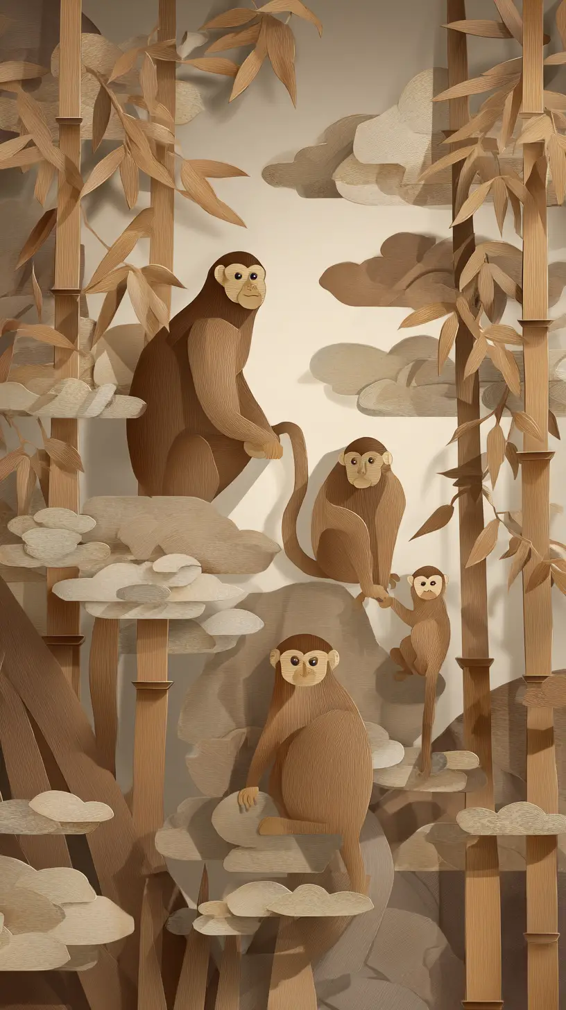 Papercraft monkey family in a tranquil bamboo forest
