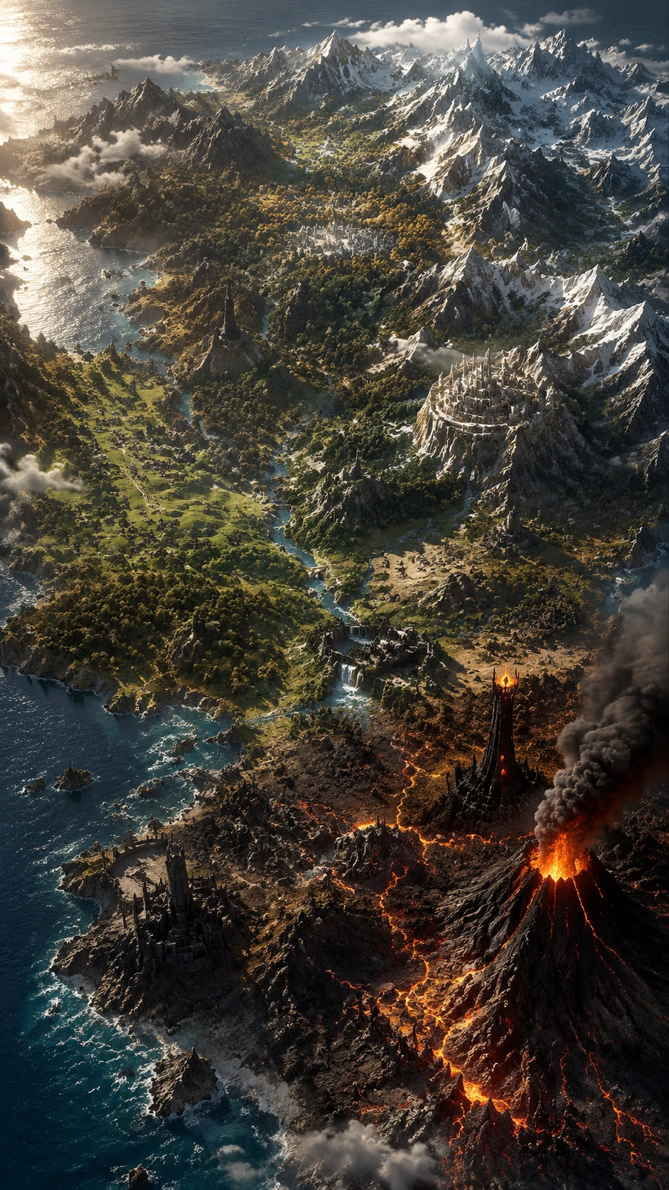 Cinematic 3D isometric relief map of a fantasy continent