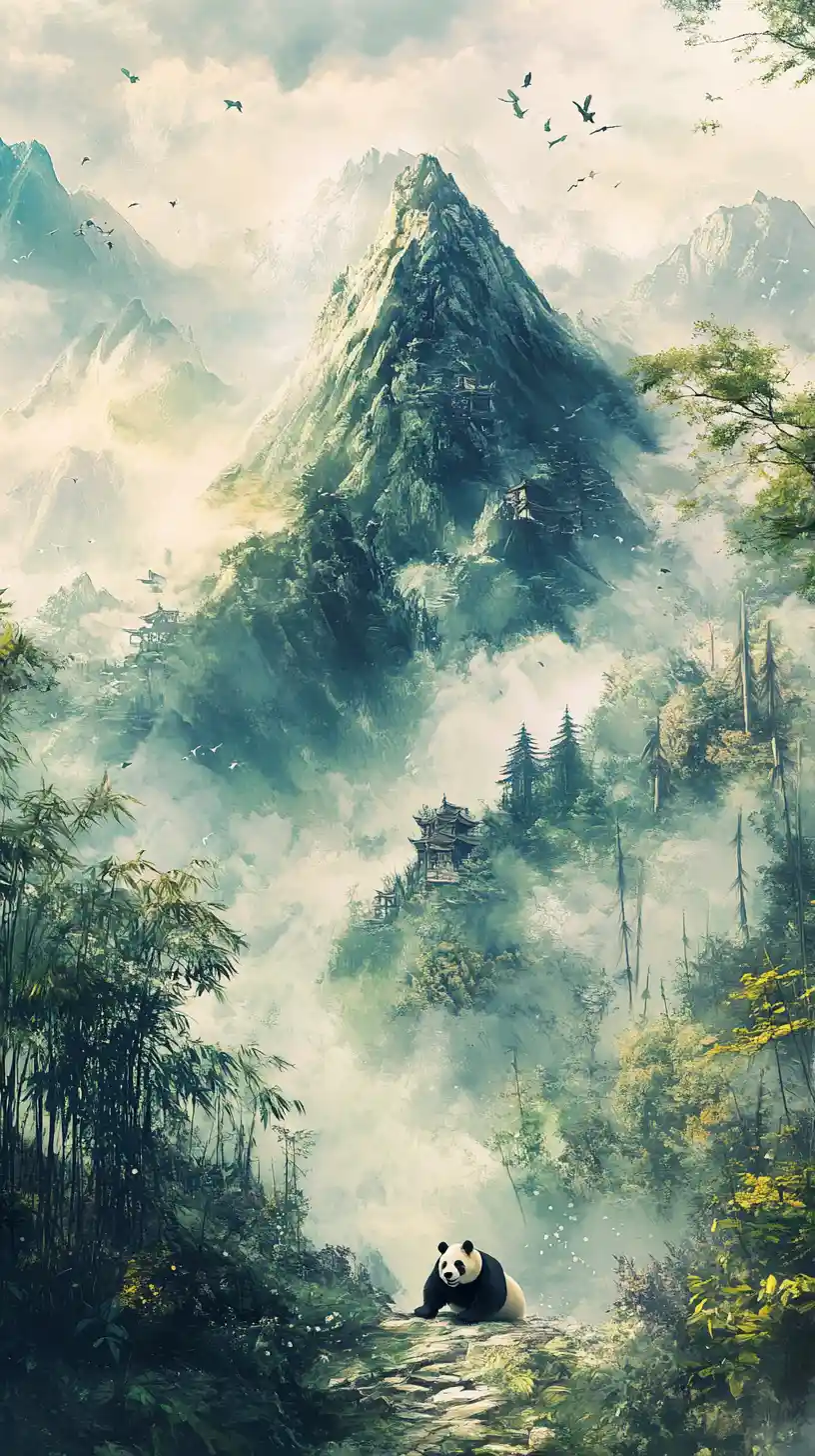 Panda gigante davanti a montagna avvolta nella nebbia e foresta di bambù