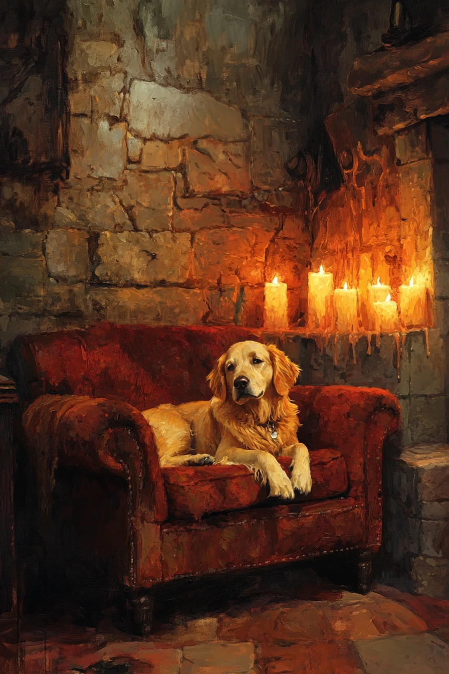 Trauriger Golden Retriever auf abgenutztem roten Sofa im Kerzenschein