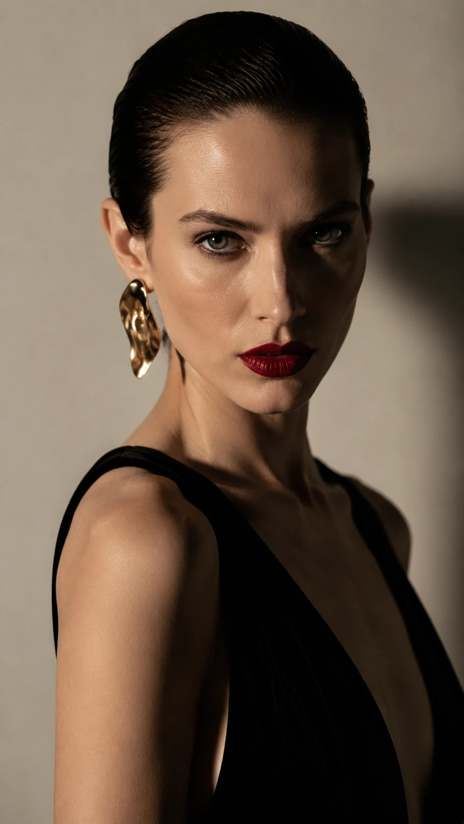 Mujer elegante con vestido de terciopelo negro y pendiente dorado