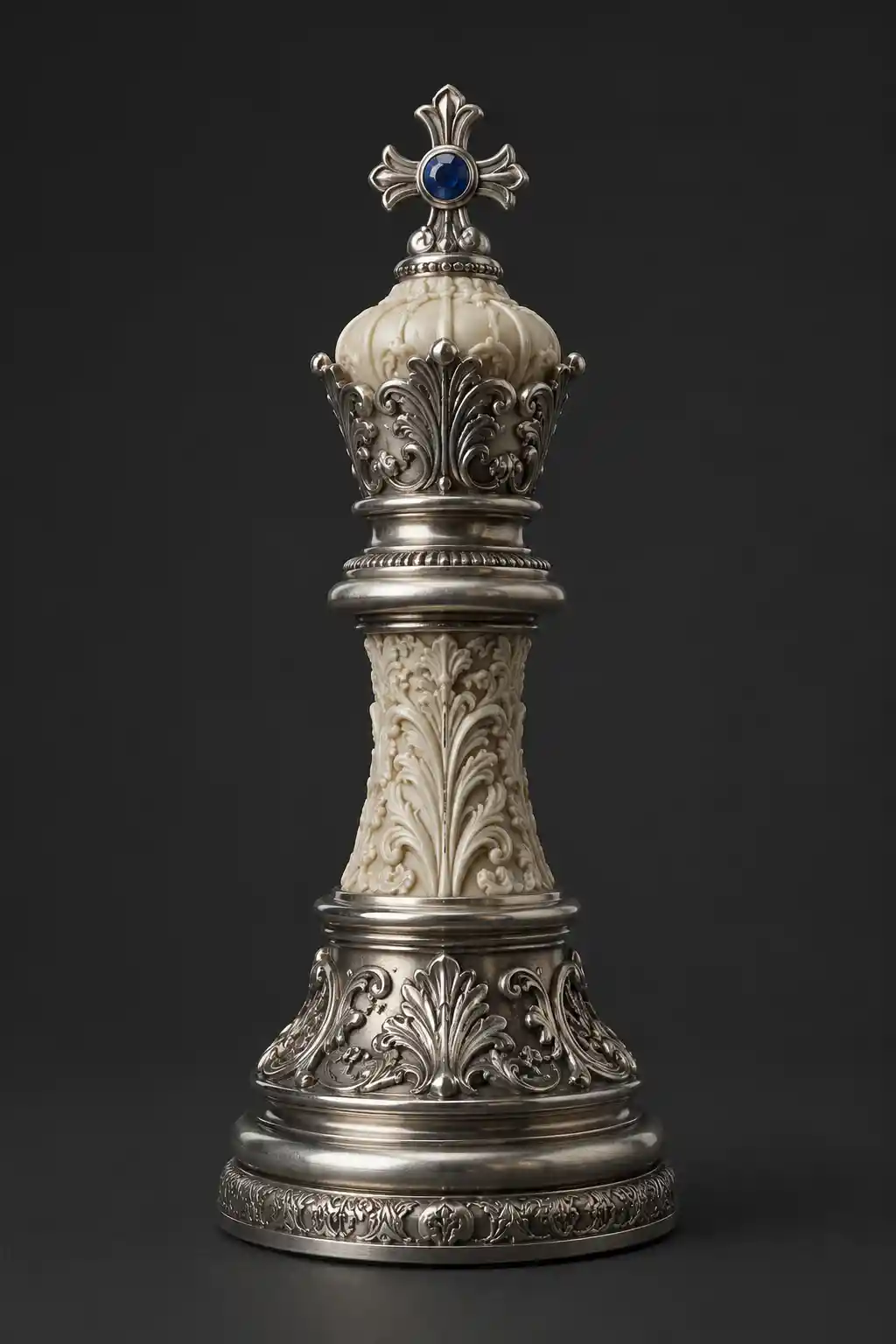 Ornate silver chess king with blue gemstone on dark background