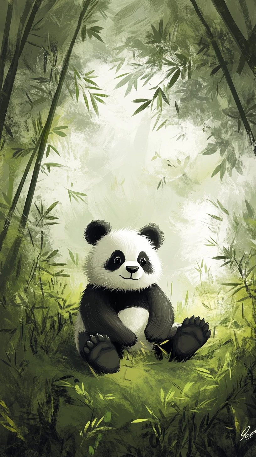 Panda descansando entre bambú verde en suaves tonos tierra
