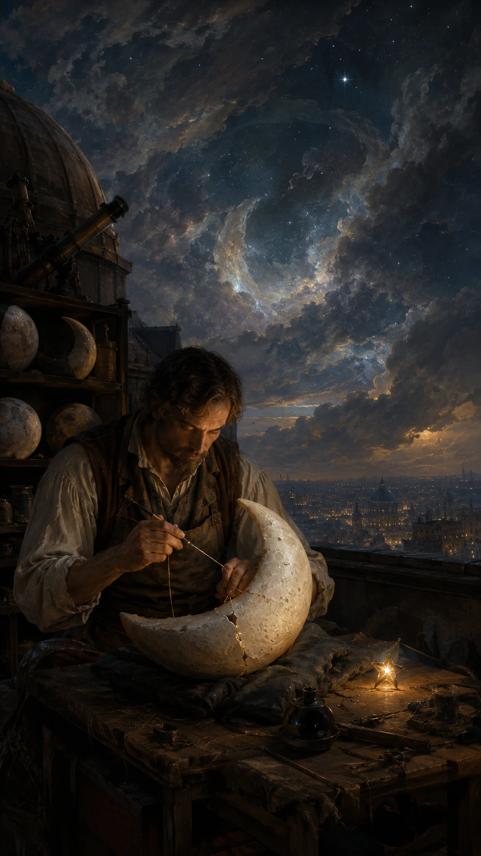 Hombre reparando una luna creciente en la azotea de un viejo observatorio