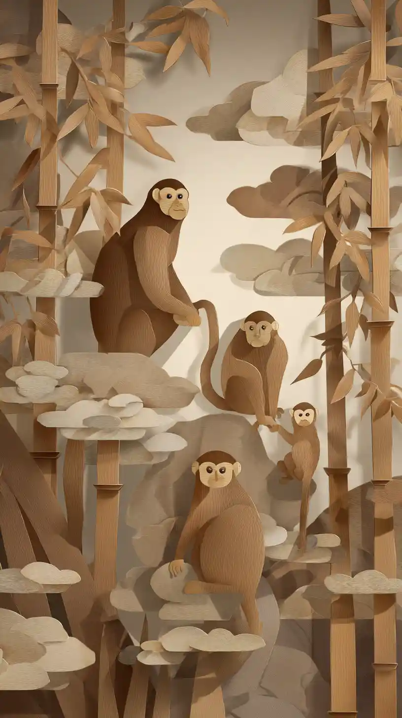 Papercraft monkey family in a tranquil bamboo forest