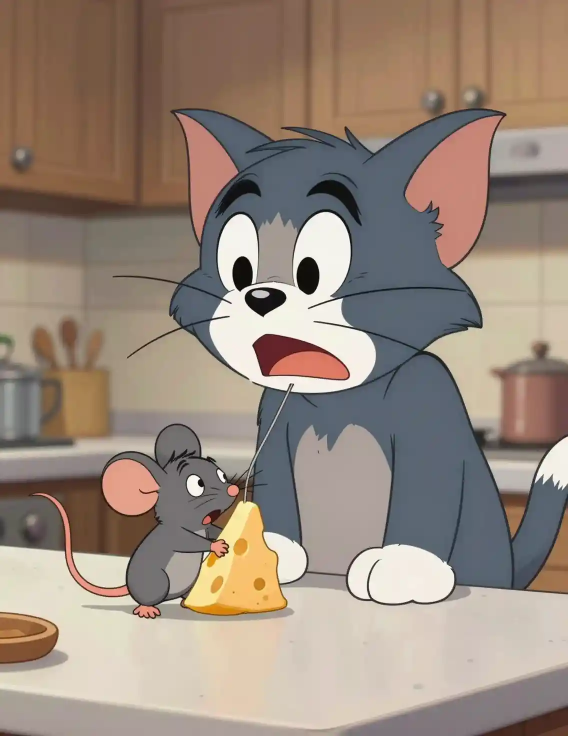 Cartoon cat holding a dangling mouse with stolen cheese