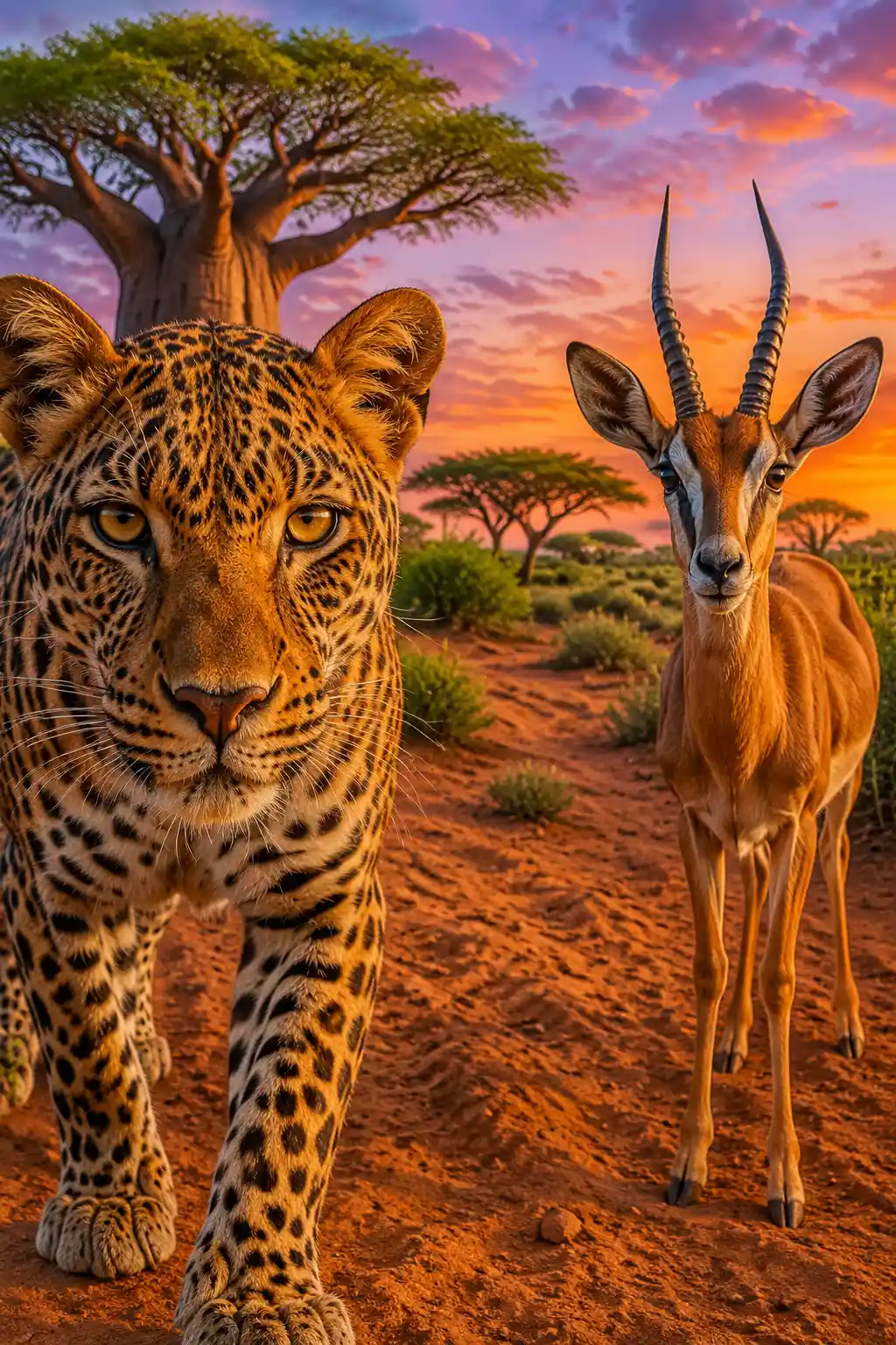 Close Up Leopard On Desert Sand In African Savanna