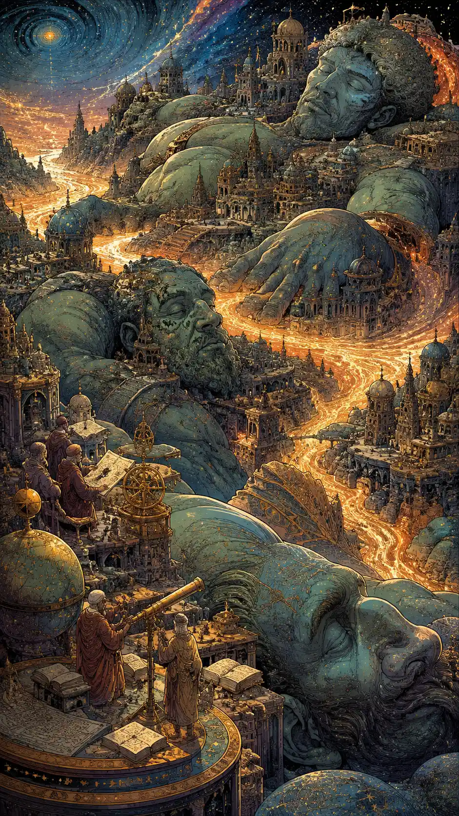 Vasta ciudad fantástica construida sobre colosales gigantes dormidos