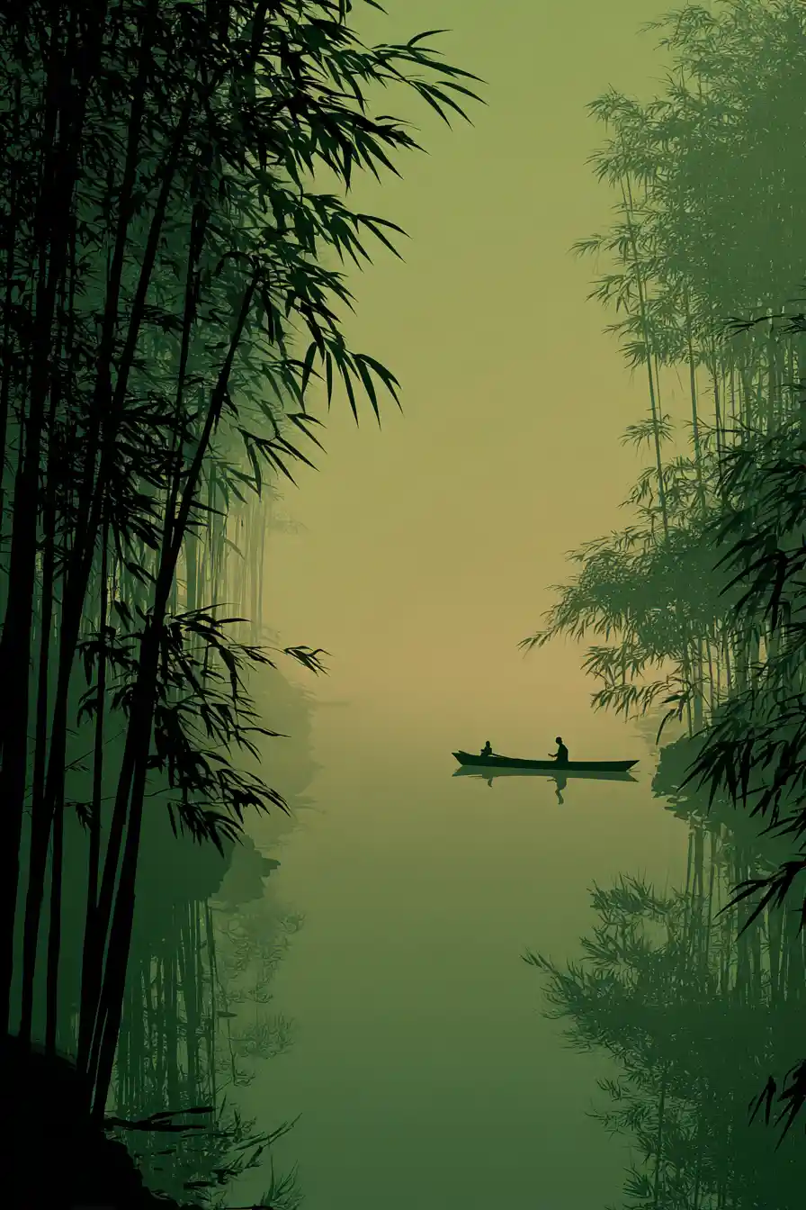 Minimalist boat silhouettes on a tranquil Asian river