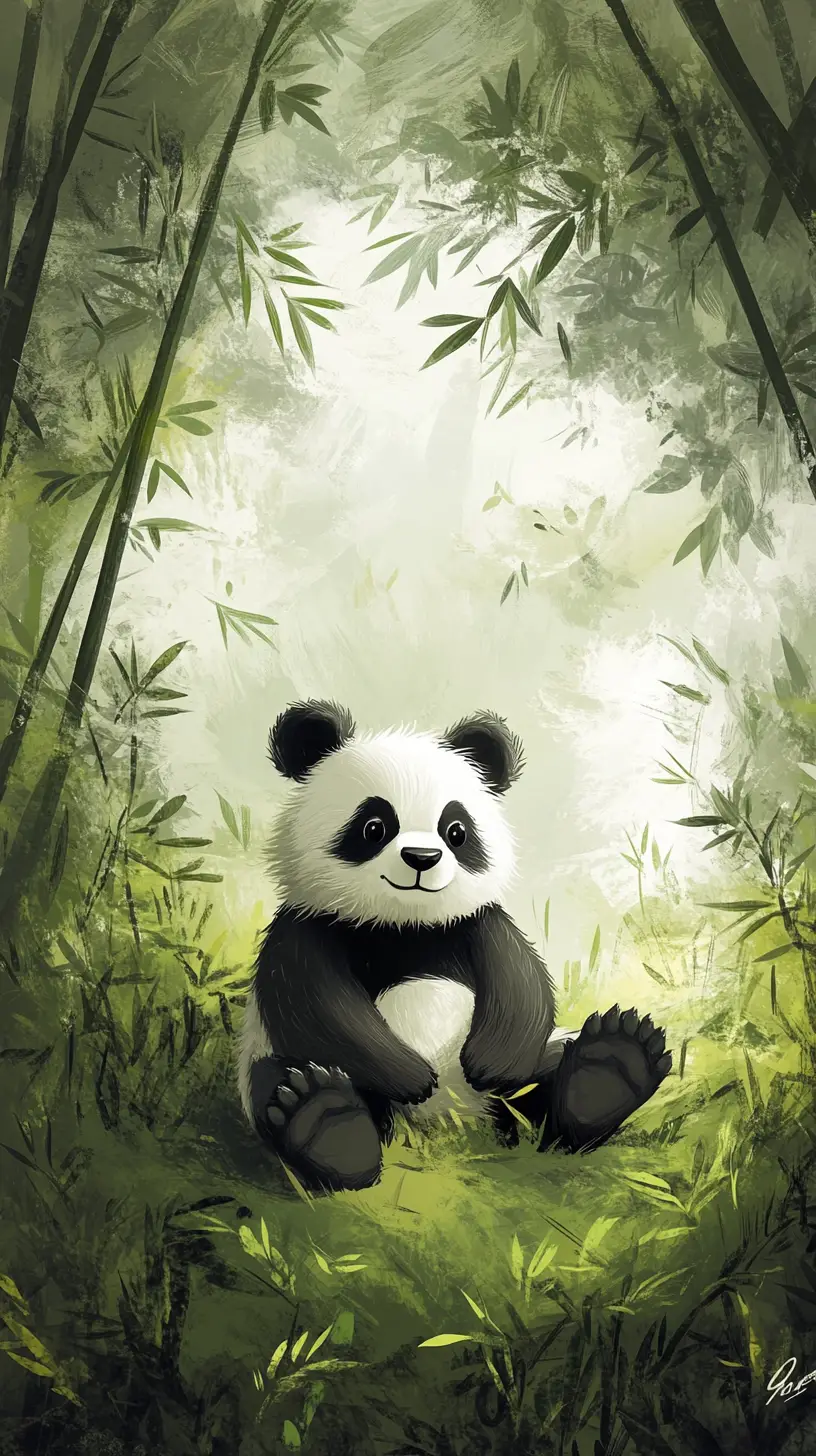 柔和大地色系中綠竹間歇息的熊貓