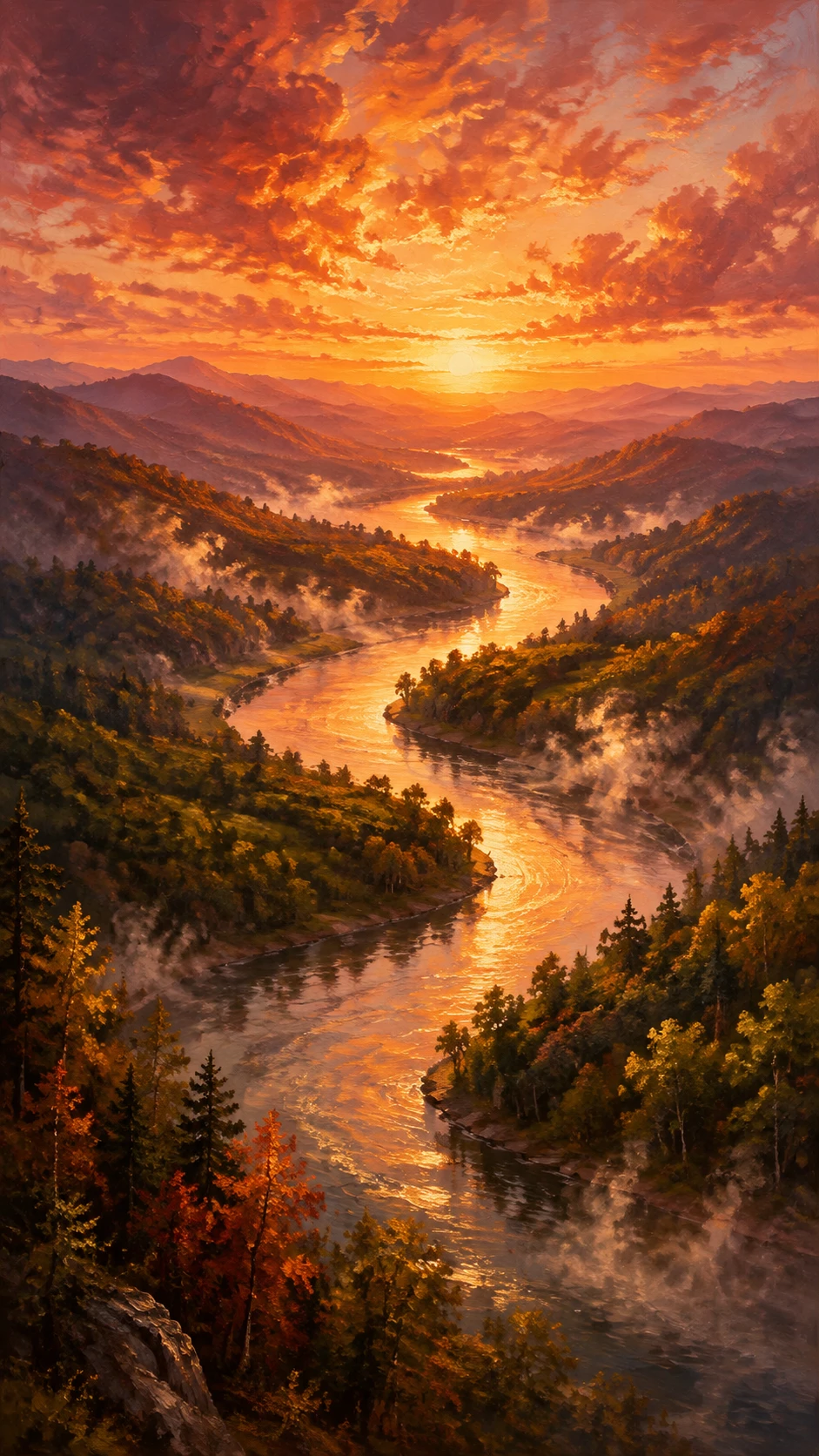 Valle fluviale romantica all’ora d’oro in pittura a olio
