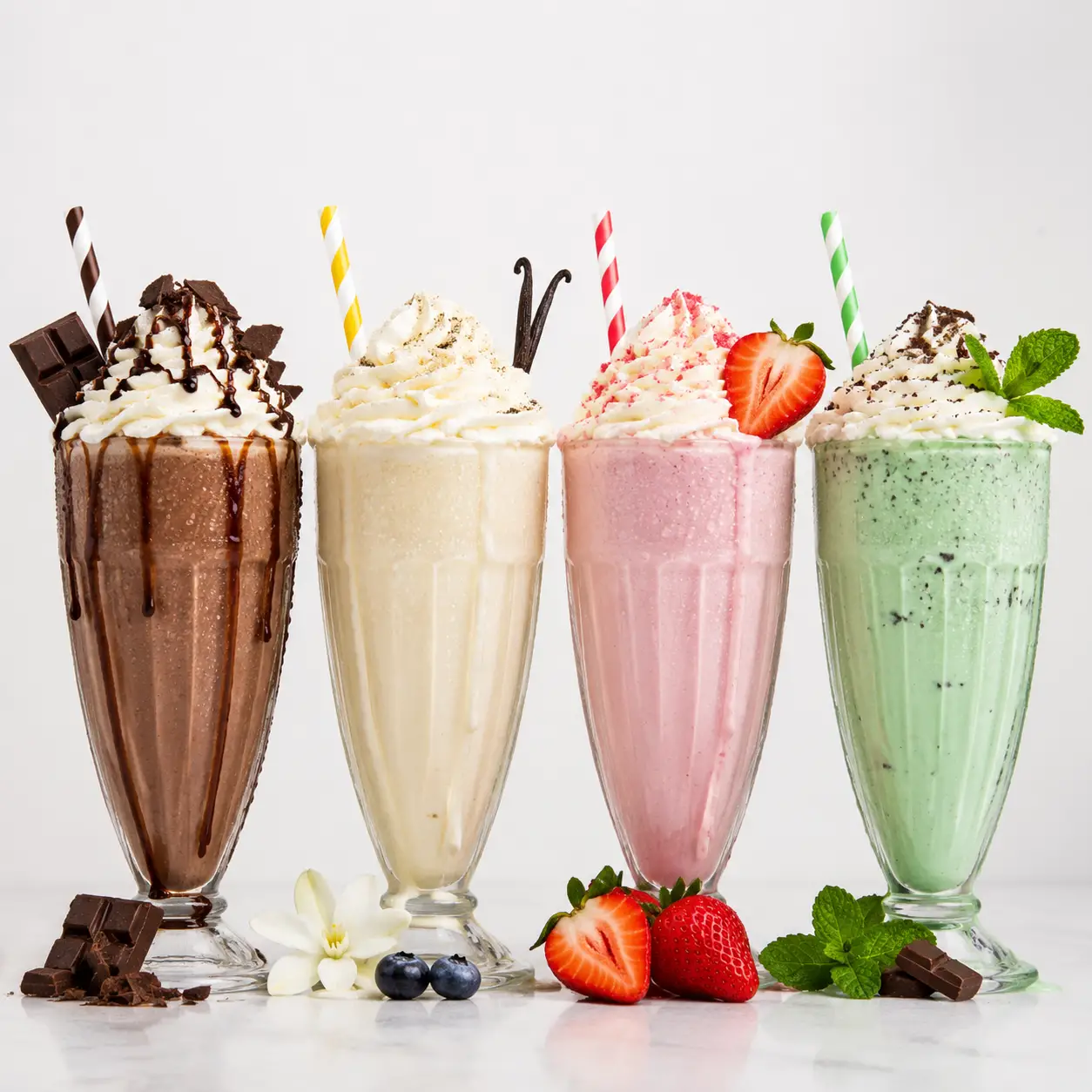 Quattro frappè colorati con panna montata su sfondo bianco
