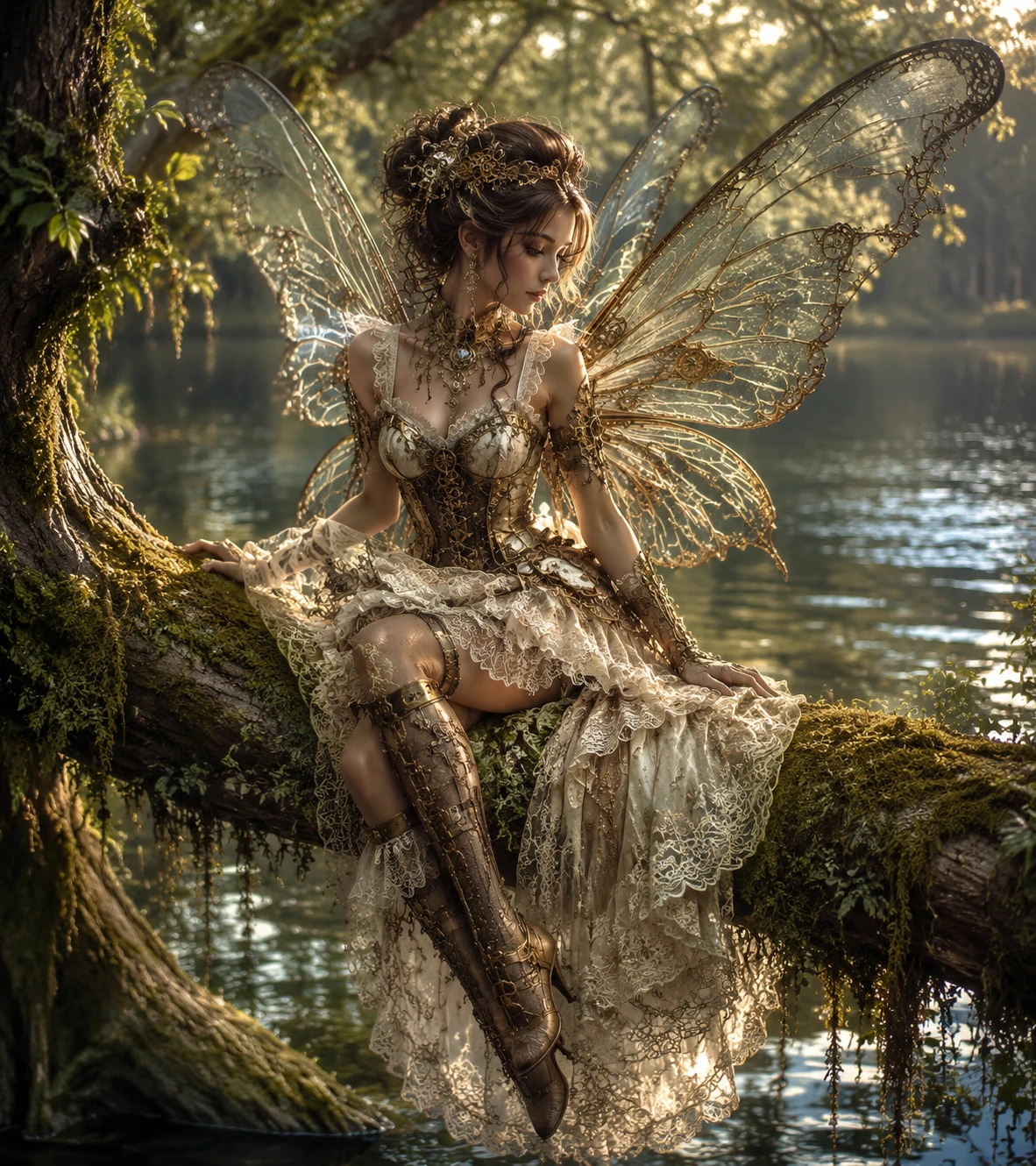 Fata steampunk che riposa su un ramo muschioso nella foresta