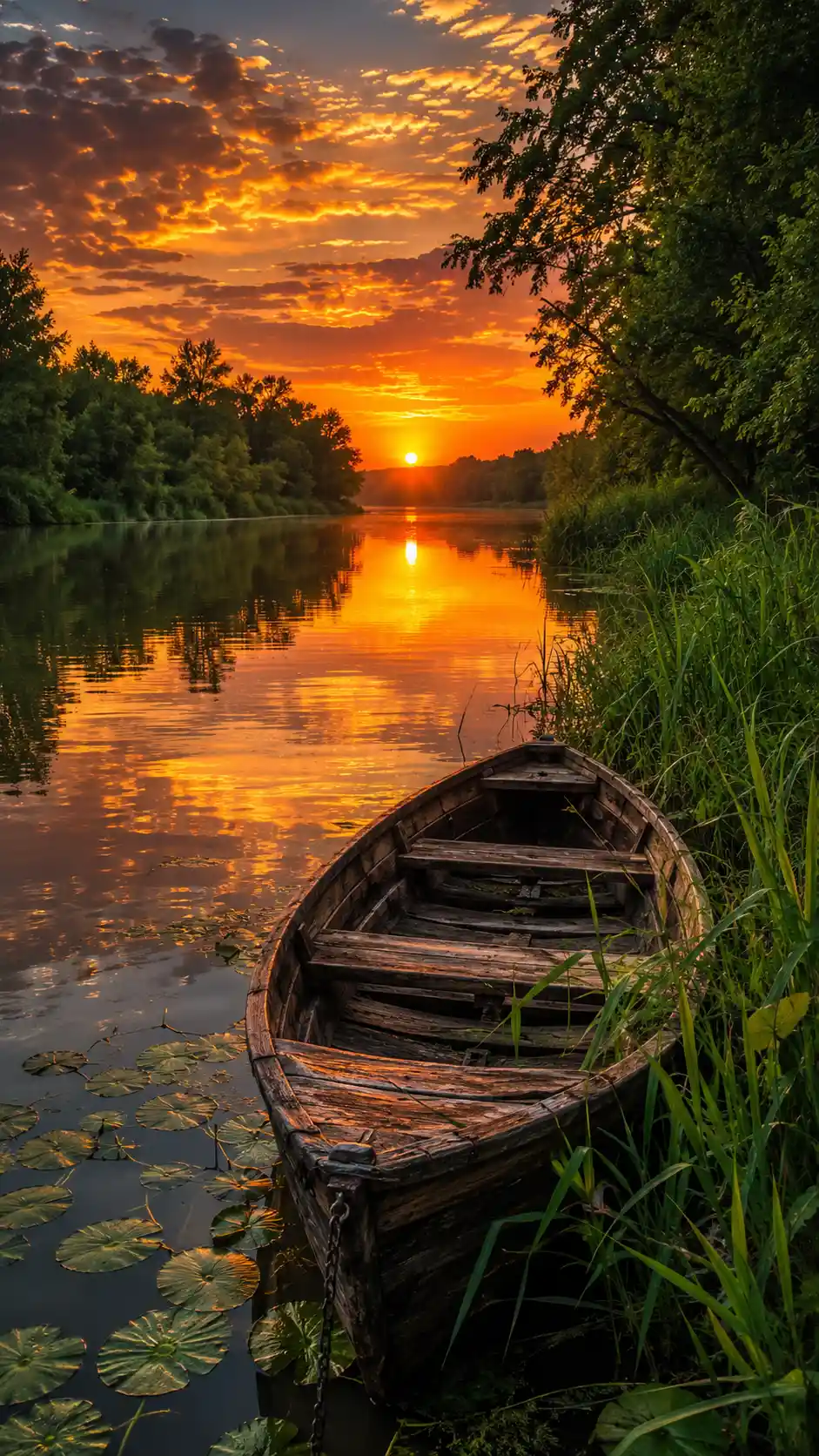 Old wooden boat on calm river at vibrant sunset