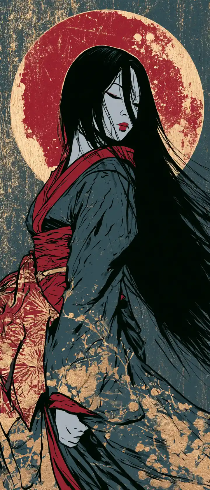 Principessa vampira giapponese sotto una luna di sangue in stile ukiyo-e