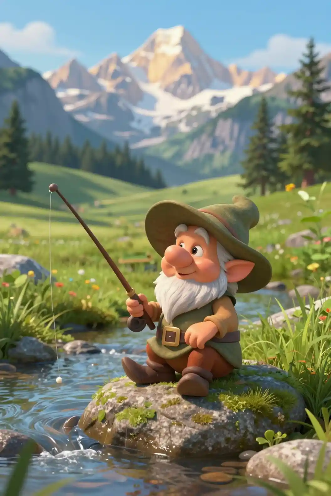 Cute old gnome fishing by a clear mountain stream
