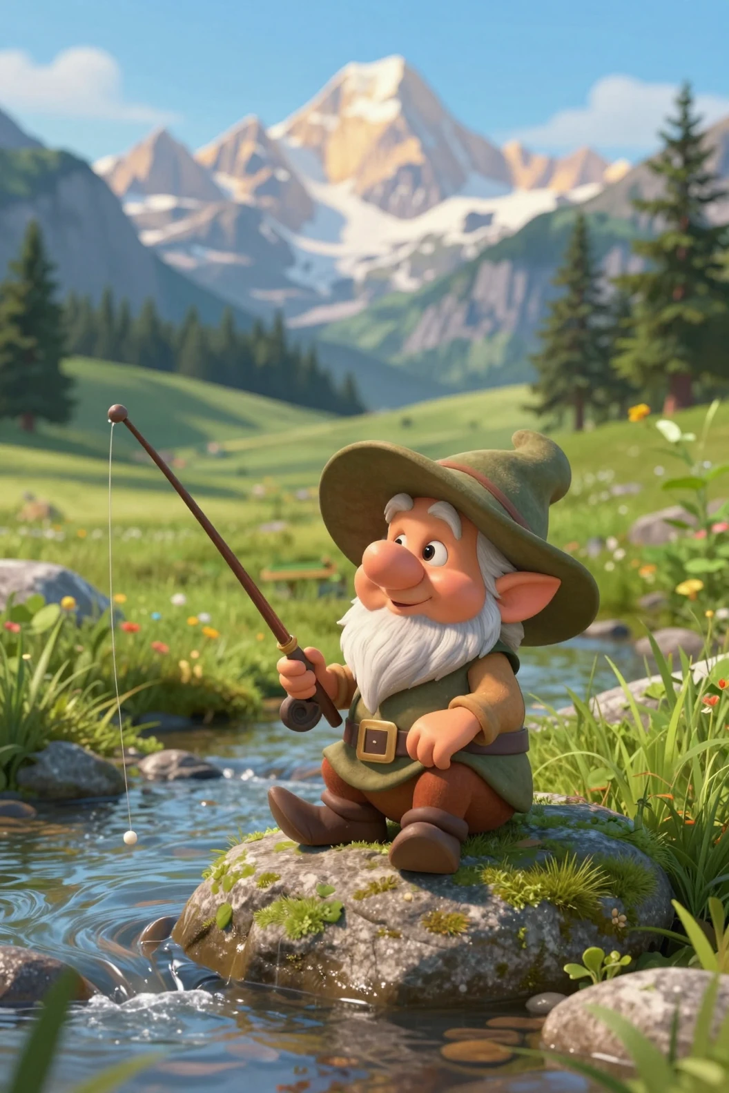 Cute old gnome fishing by a clear mountain stream