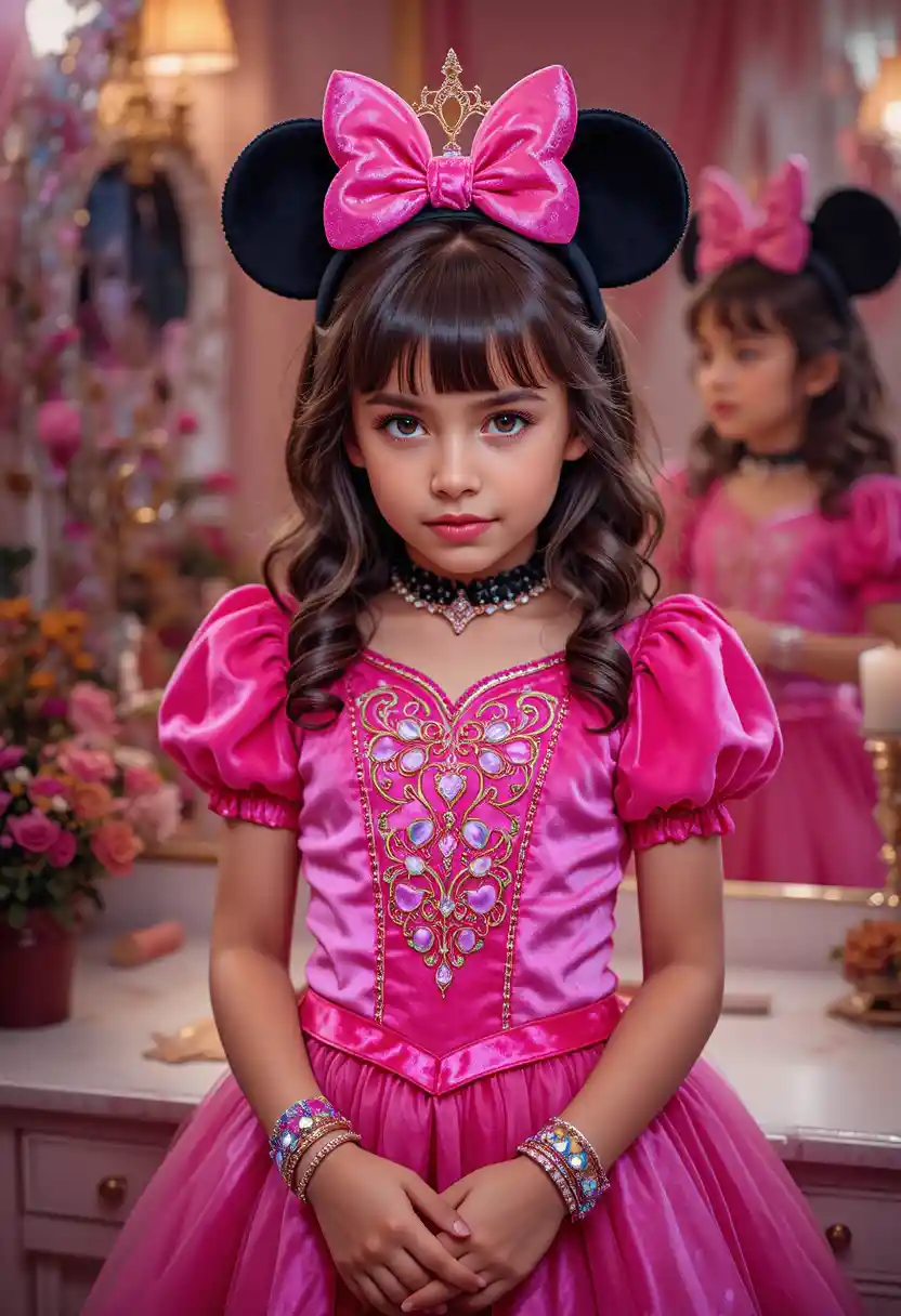 Young boy in princess dress at vanity mirror