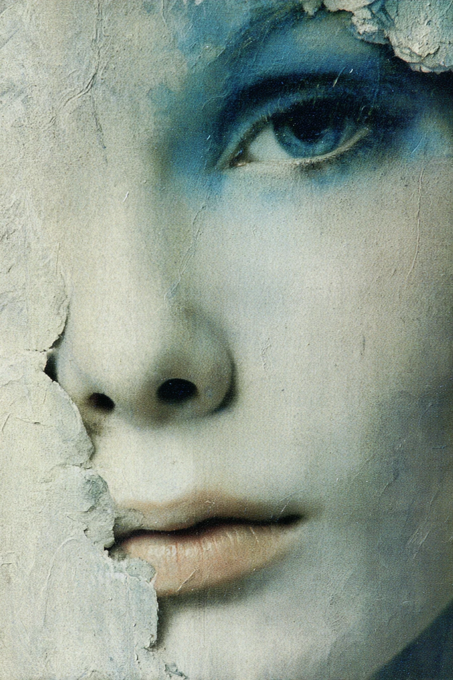 Retrato surreal de mujer en primer plano en tonos azul mar y arena